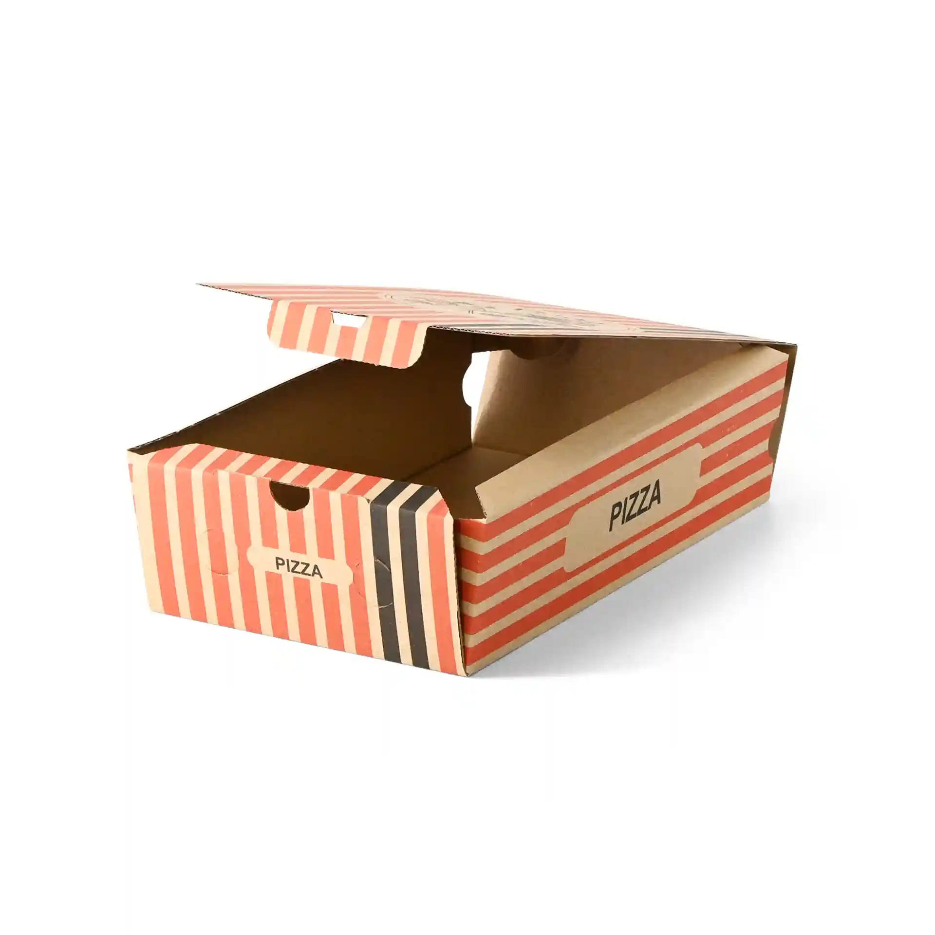 Braune Pizzaschachtel mit einem Pizzakoch-Design, 27 x 16 x 7 cm groß, teilweise geöffnet, um das Innere zu zeigen.