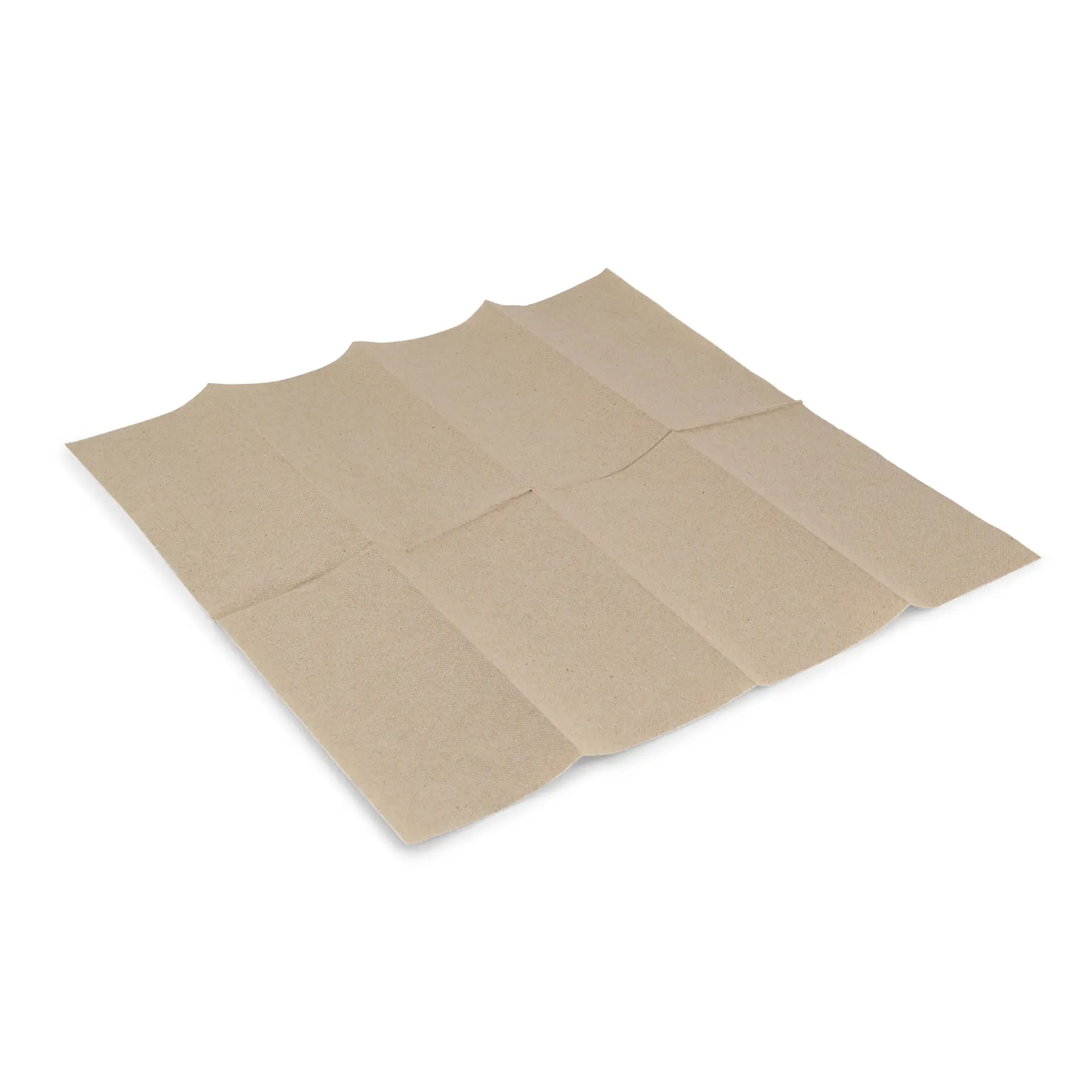 Tovagliolo in carta riciclata non sbiancata rettangolare, 40 x 40 cm, 2 veli, piegato in 1/8, posato su uno sfondo bianco.