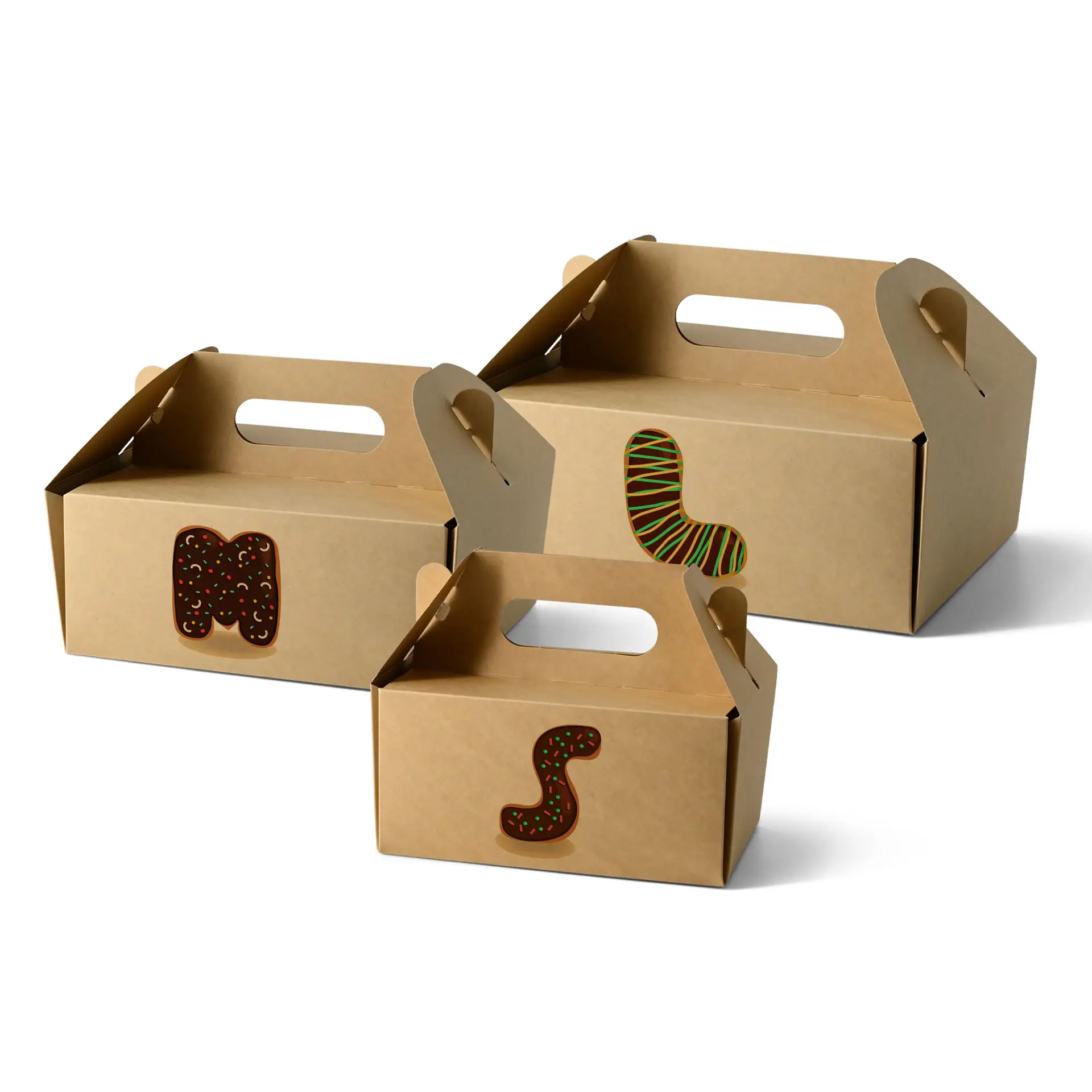 Trois boîtes à gâteau imprimées sur mesure en brun avec des poignées, présentant des étiquettes décoratives de styles variés à l'avant.