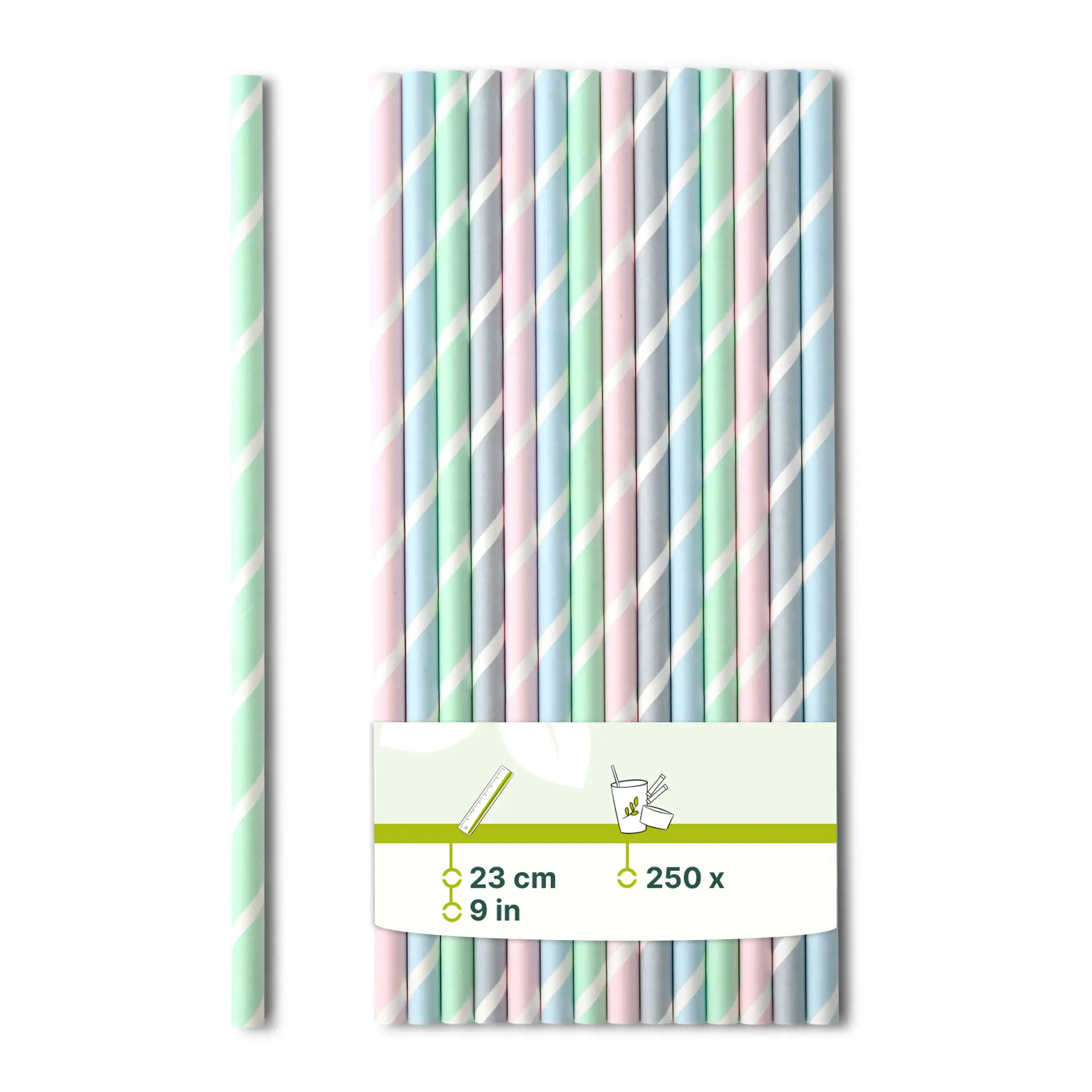 Papier-Jumbo-Trinkhalme 23 cm, Ø 0,8 cm, pastell gestreift Papier-Jumbo-Trinkhalme 23 cm, Ø 0,8 cm, pastell gestreift