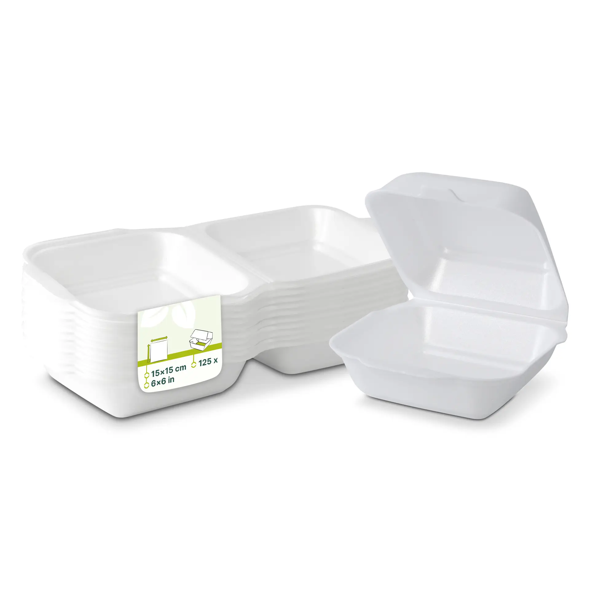 Ensemble de contenants alimentaires carrés blancs, mesurant chacun 15x15 cm, avec un contenant partiellement ouvert montrant l'intérieur.