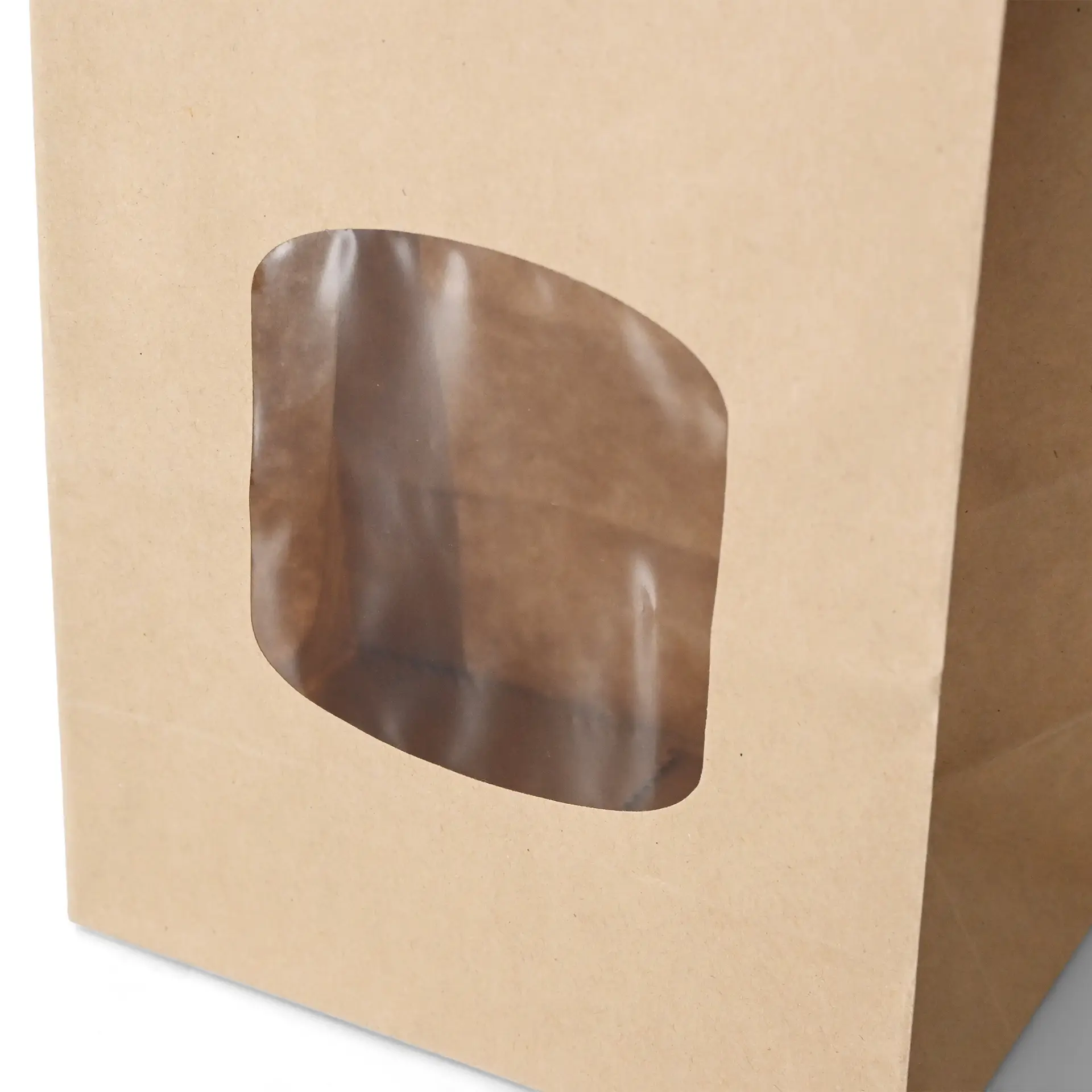 Braune Kraftpapiertüte mit klarem Kunststofffenster, Blockboden und Zinnverschluss.
