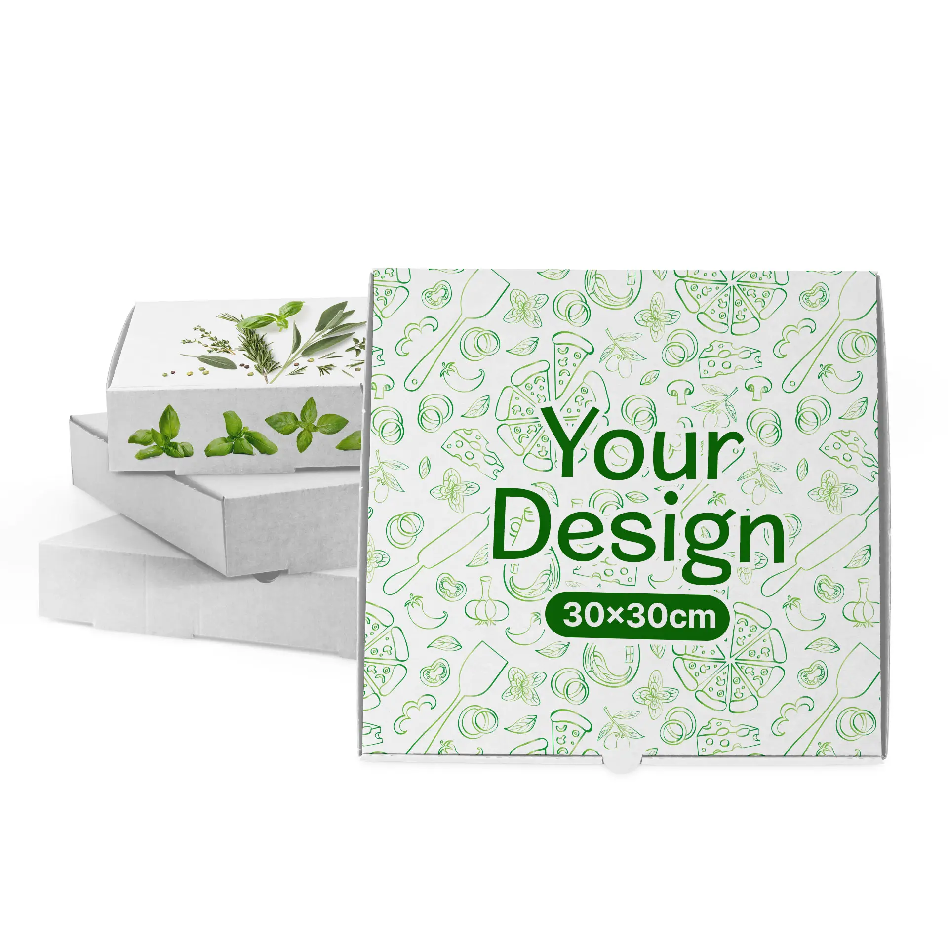 Scatola per pizza bianca con elementi di design verdi, misura 30 x 30 cm, davanti a due scatole bianche semplici.