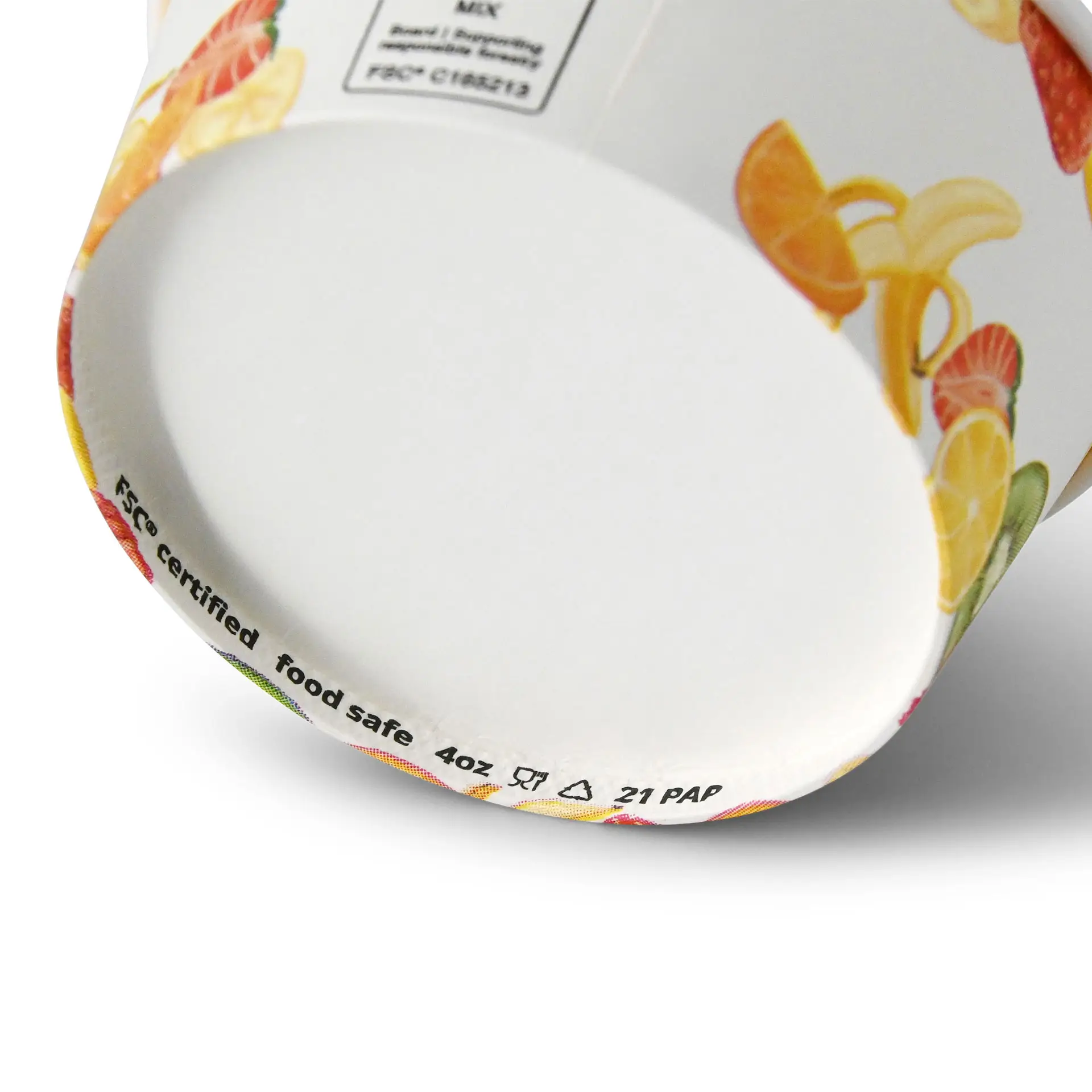 Coppa di gelato in carta XS con stampa di frutta; rivestita in PE per alimenti caldi e freddi; capacità di 4 oz; certificata FSC.