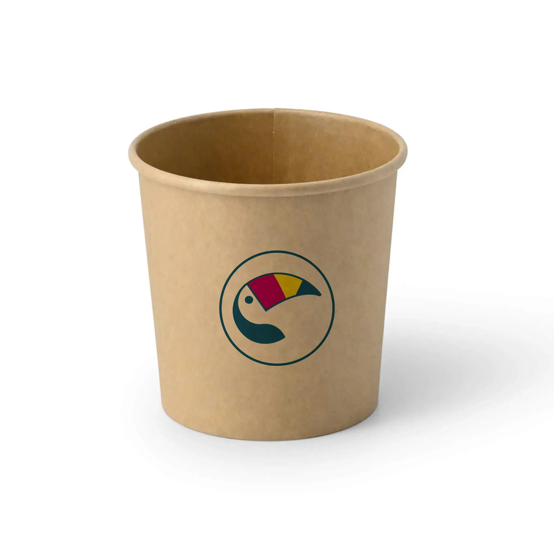 Brauner Eiscup mit buntem, rundem Logo, Wasserlackierung und einem Fassungsvermögen von 300 ml.