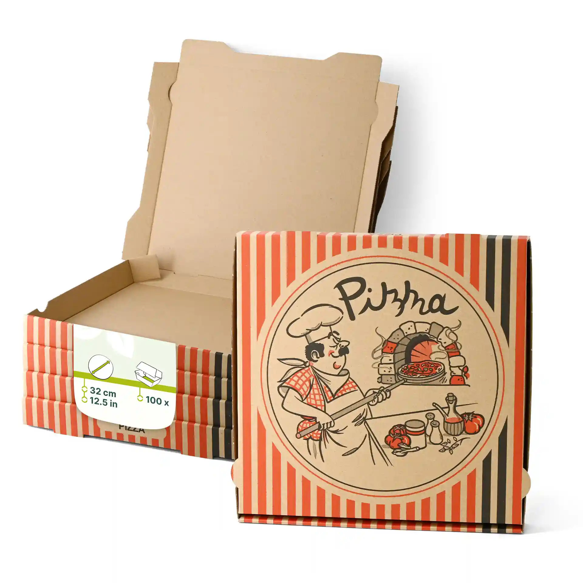 Pizzaschachtel mit einem Pizzakoch-Design, Maße 32 x 32 x 4 cm, mit mehreren gestapelten Schachteln gezeigt.