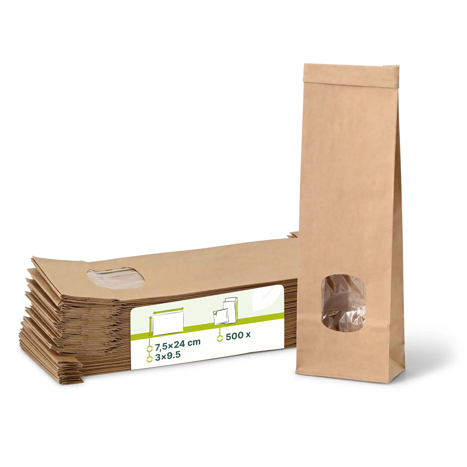 Sac SOS kraft brun XS, fenêtre PP et fermeture, 7,5 x 4,5 x 24 cm dre03990-blockbeutel-m-fenster-xs-75-x-45-x-24-cm-pp-folie-braun-clipband-kraftpapier