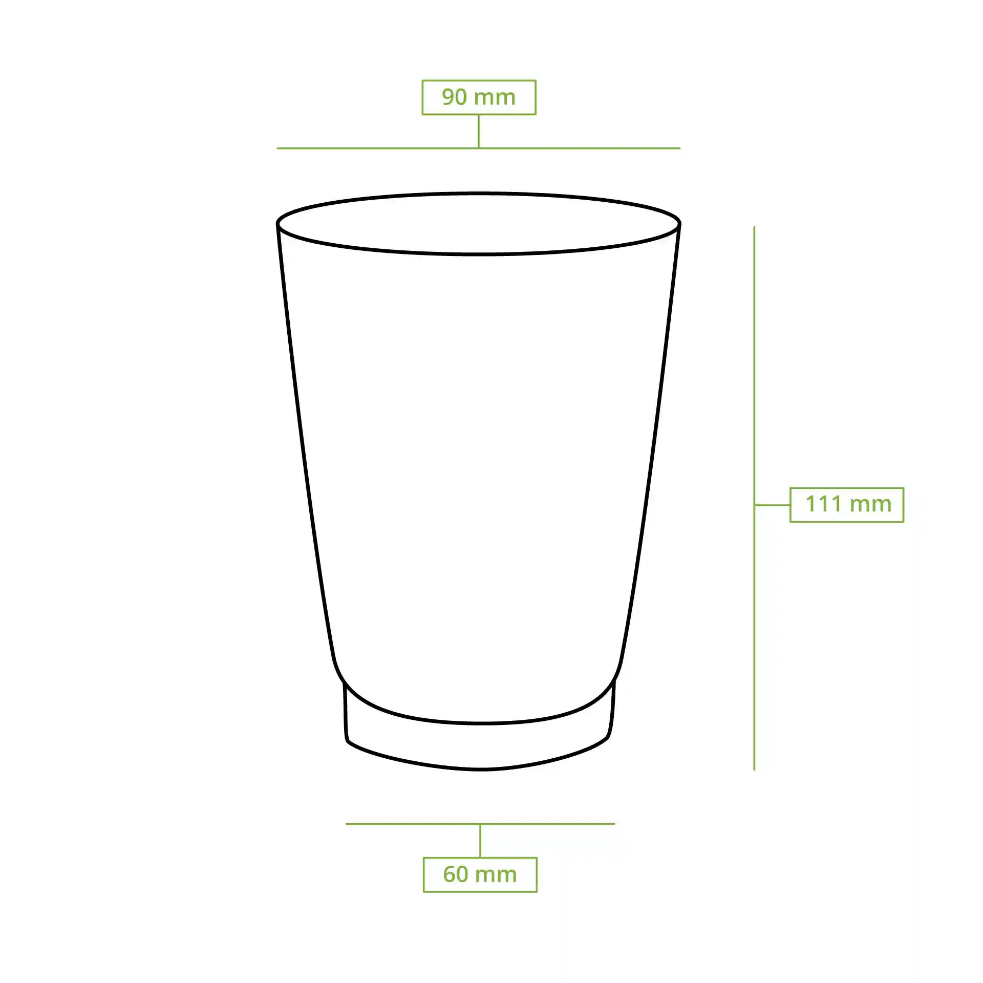 Disegno schematico di un bicchiere di caffè marrone a ondulazioni con dimensioni: 90 mm diametro superiore, 111 mm altezza, 60 mm diametro inferiore.