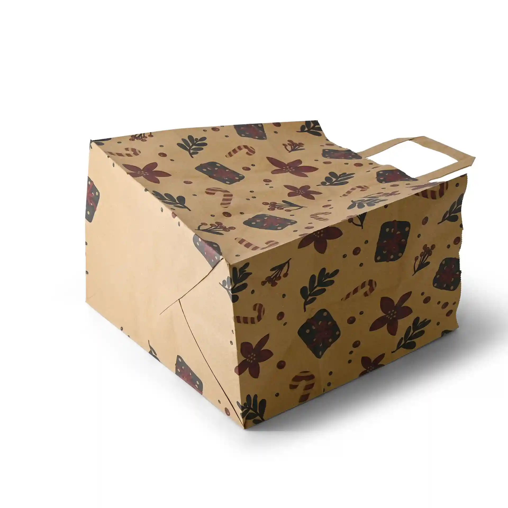 Busta di carta marrone con design invernale, base ampia, dimensioni 26 x 17 x 25 cm.