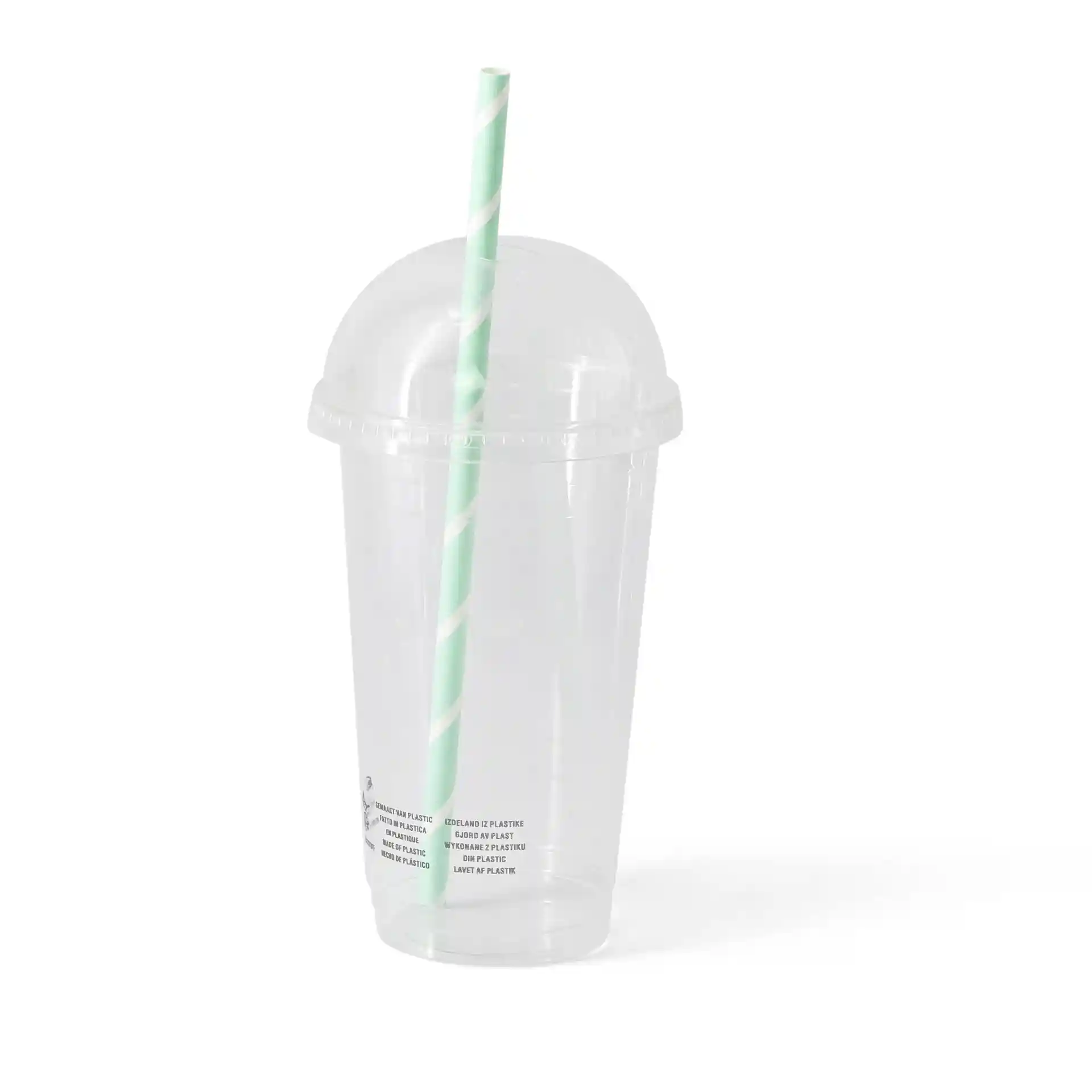 Gobelet en plastique PLA transparent avec un couvercle en dôme et une paille rayée verte, capacité de 500 ml.