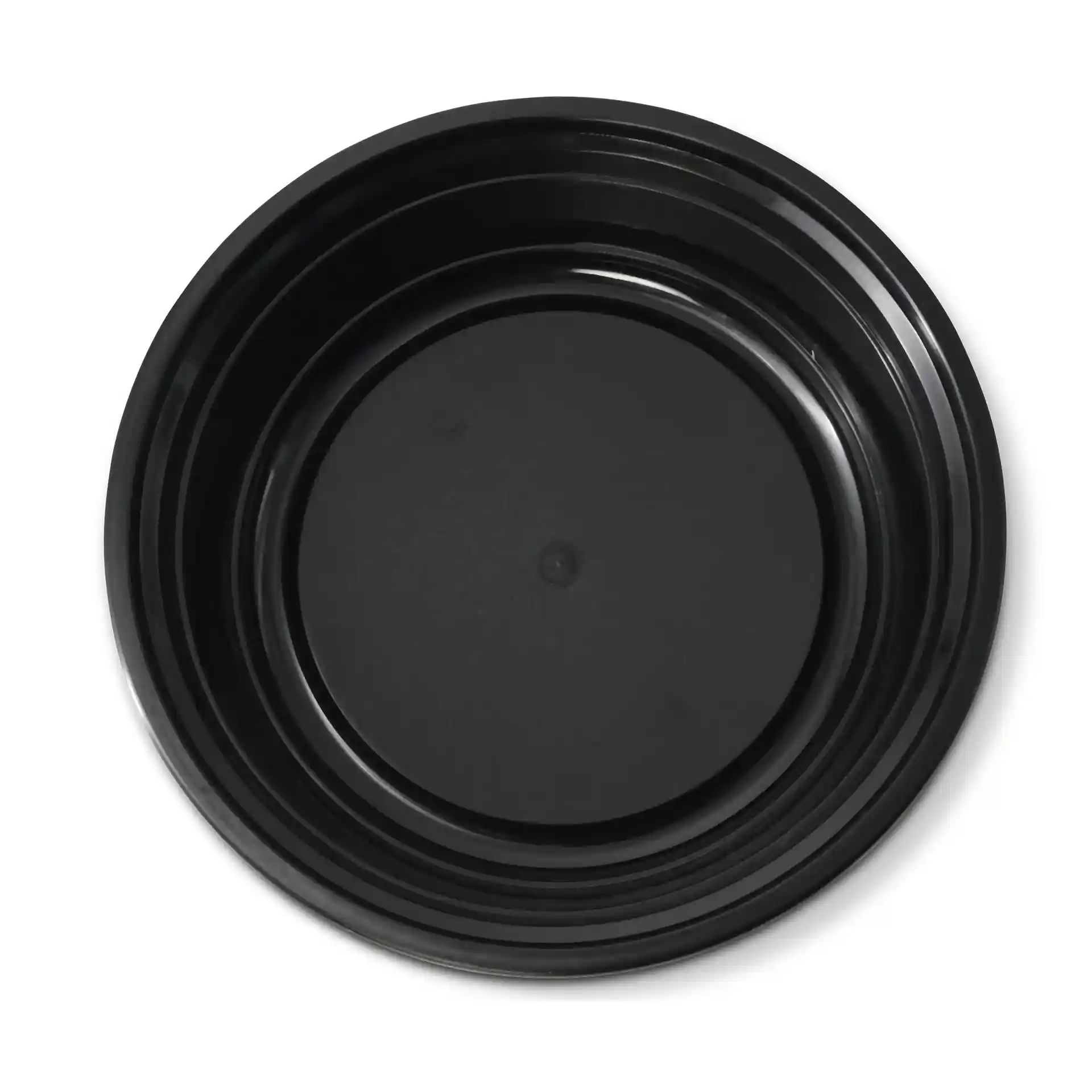 Piatto rotondo nero riutilizzabile in polipropilene, capacità di 700 ml, diametro di 182 mm e altezza di 44 mm.