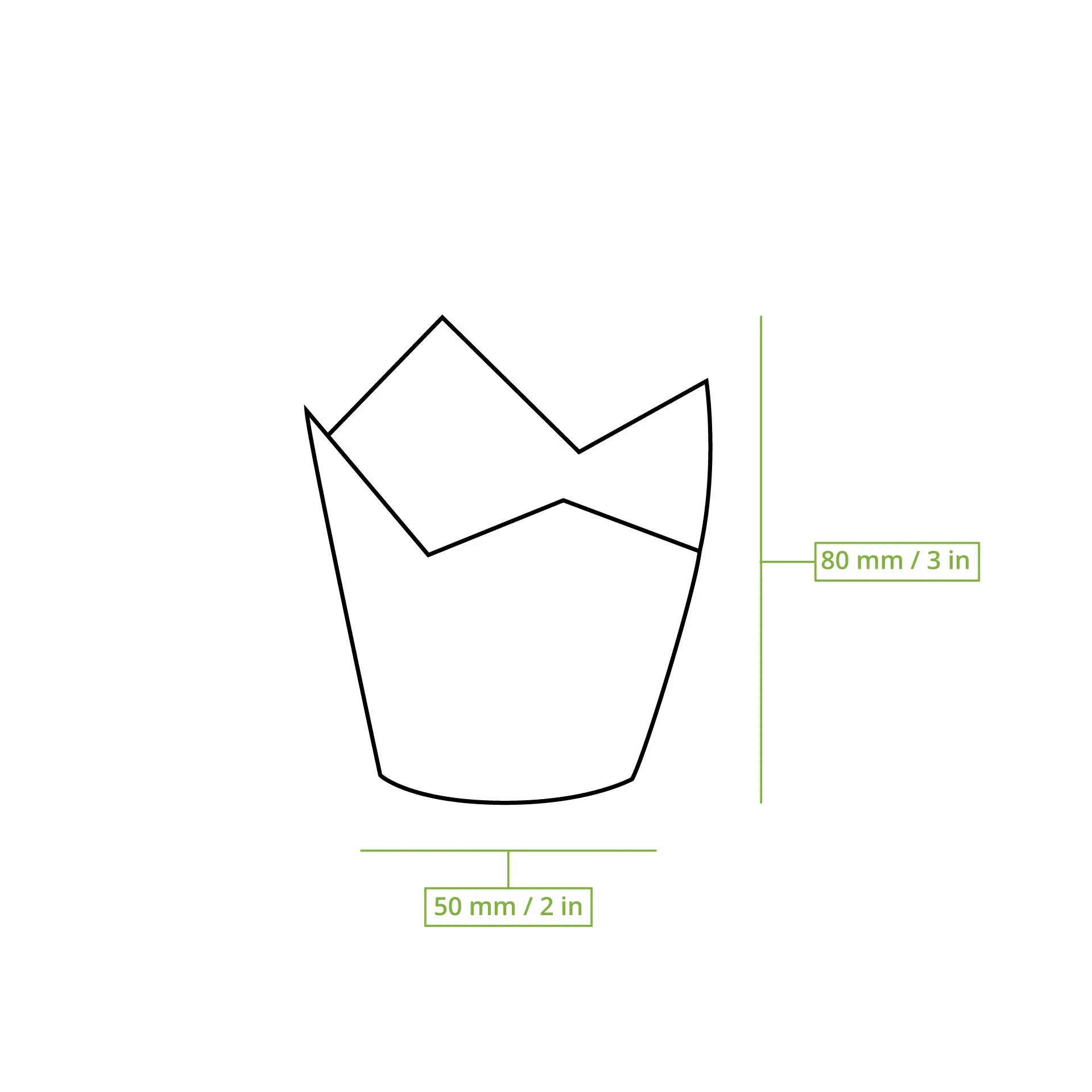 Schematische Zeichnung eines braunen Papiermuffinbechers mit 80 mm Höhe und 50 mm Durchmesser.