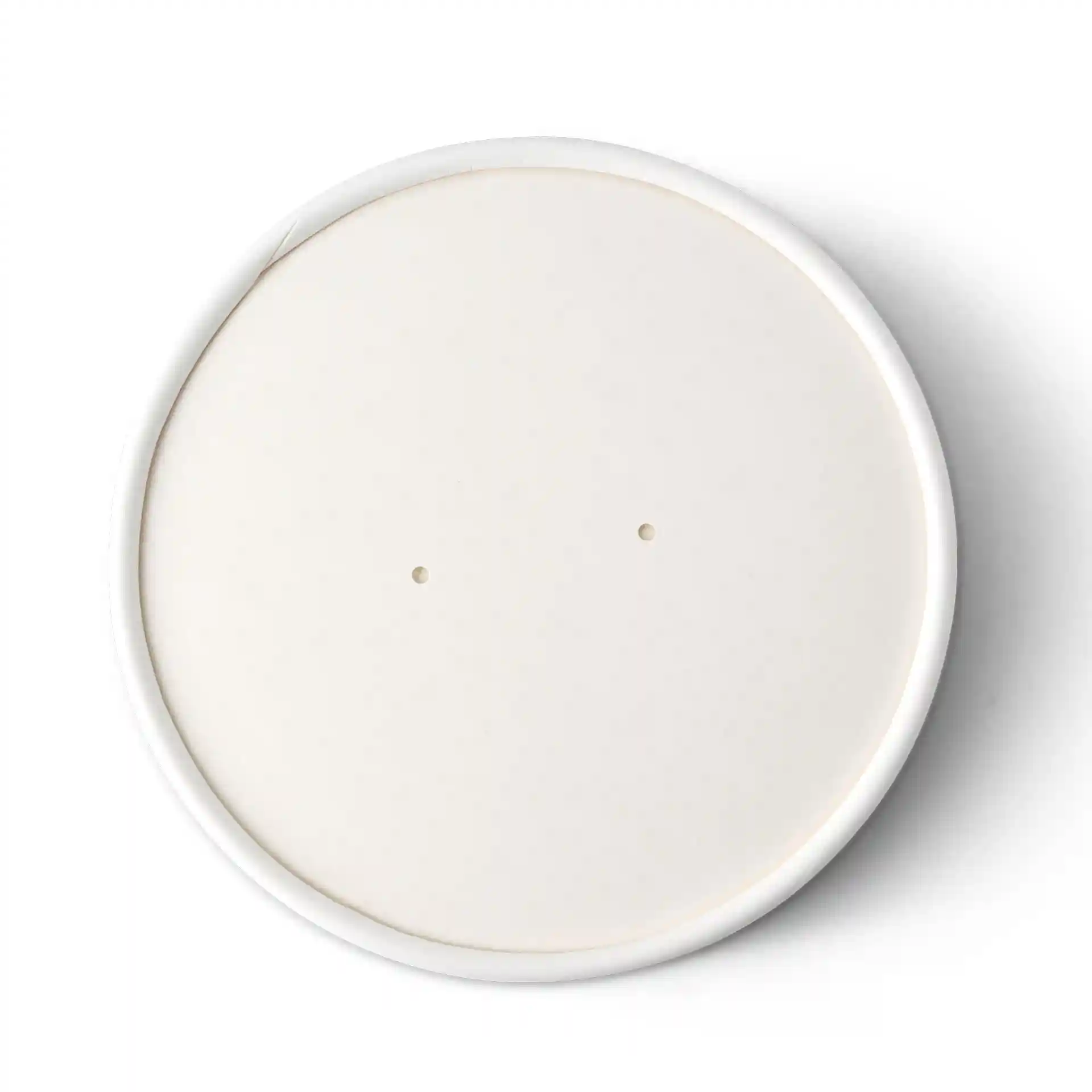 Piatto rotondo bianco con superficie liscia e due piccoli fori sul bordo.
