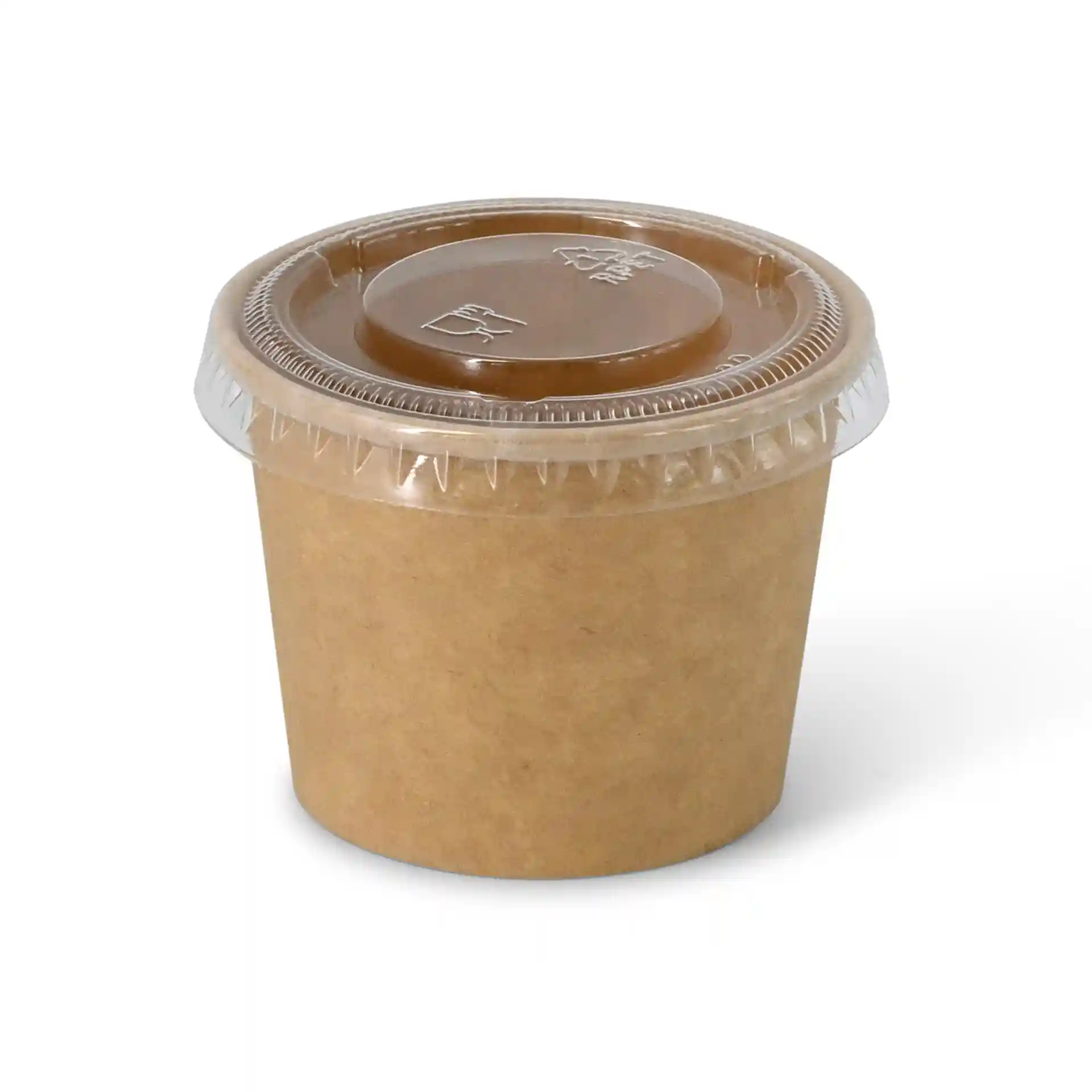 Contenitore rotondo marrone per deli con coperchio in plastica trasparente, capacità di 50 ml, in cartone.