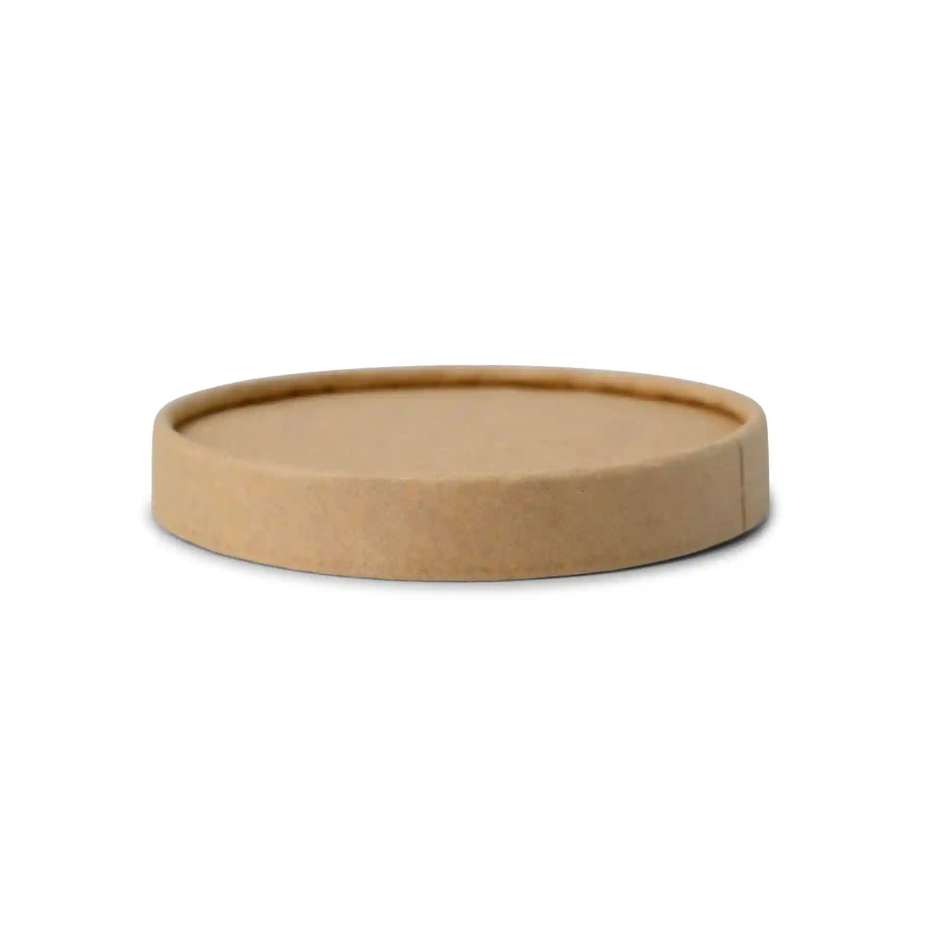 Couvercle en carton brun de forme ronde, mesurant 94 mm de diamètre et 14 mm de hauteur.