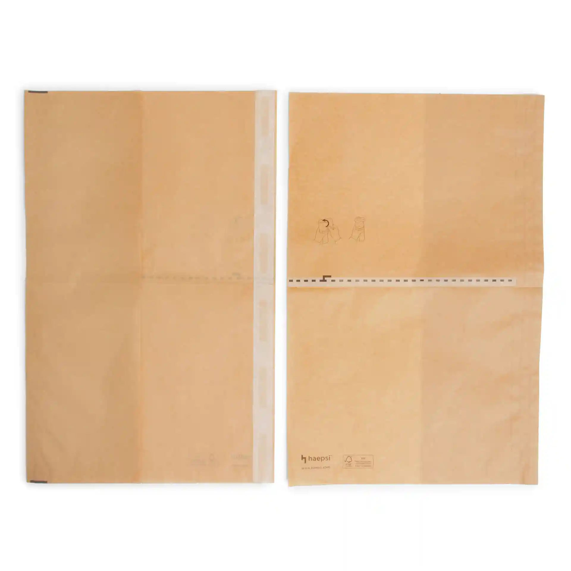 Emballage enroulé imprimé marron avec fermeture adhésive, mesurant 42 x 26 cm, montrant des illustrations simples d'un côté.