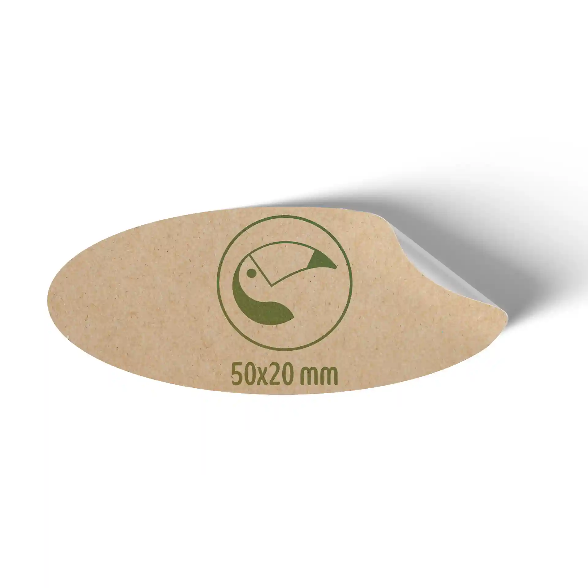 Ovales Kraftpapieretikett mit den Maßen 50x20 mm und einem grünen Symbol und Markierungen.