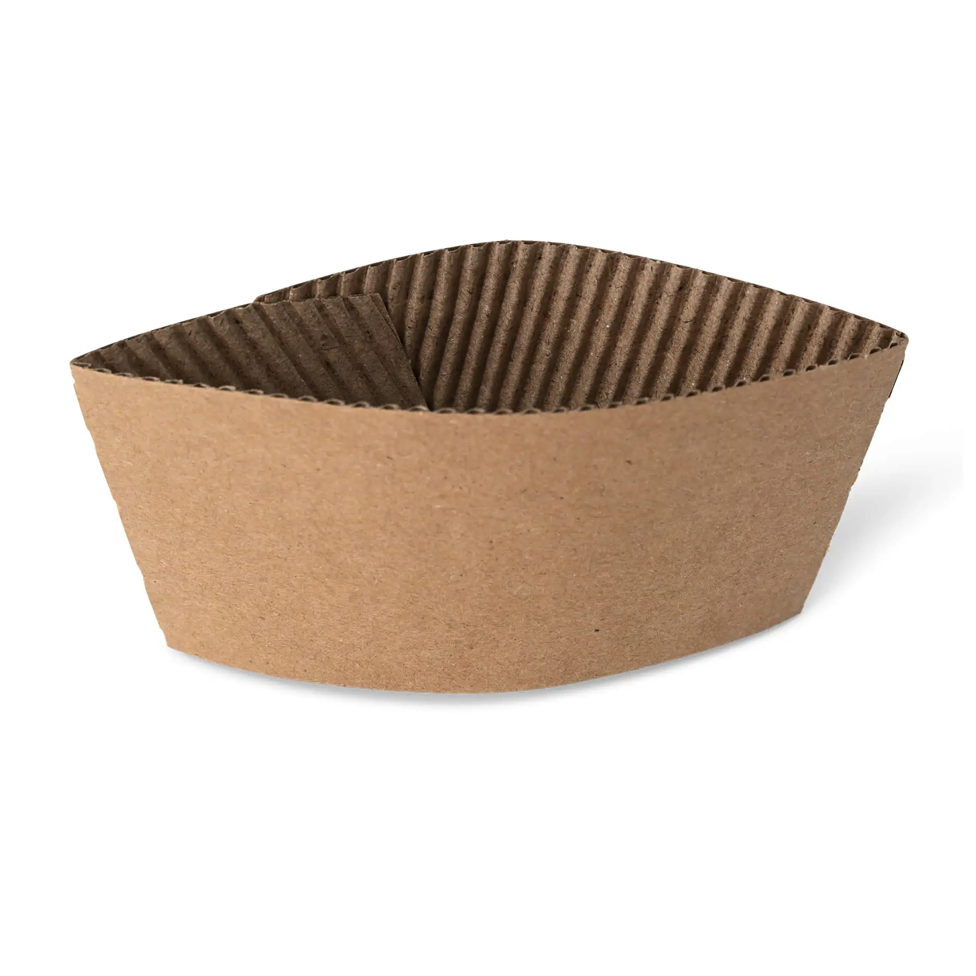 Manchette en carton brun avec texture ondulée intérieure pour une prise en main, conçue pour des gobelets en papier de 150 à 250 ml.