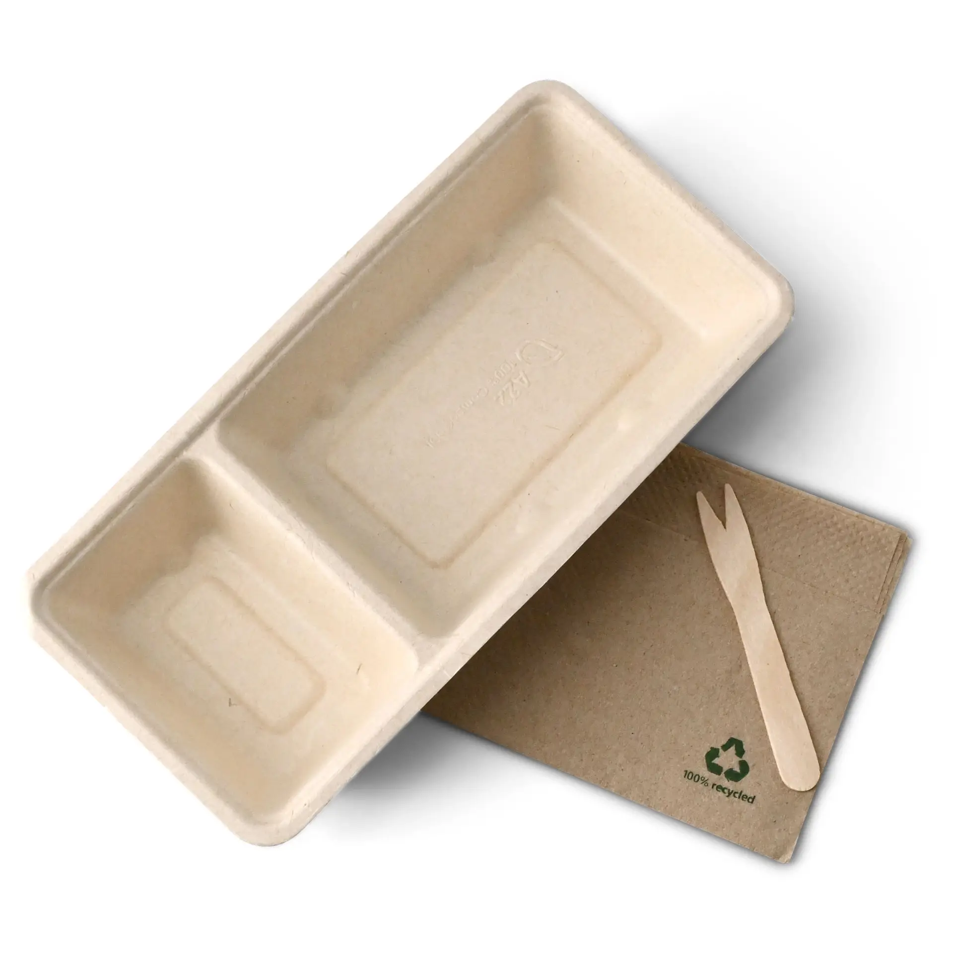 Barquette en bagasse pour frites, 2 compartiments, 9,5 x 20 x 3,5 cm