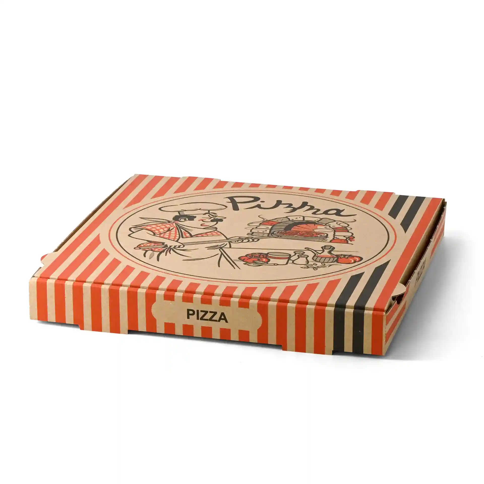 Pizzakarton mit braunem Design und Pizzabäcker, Maße 32 x 32 x 4 cm.
