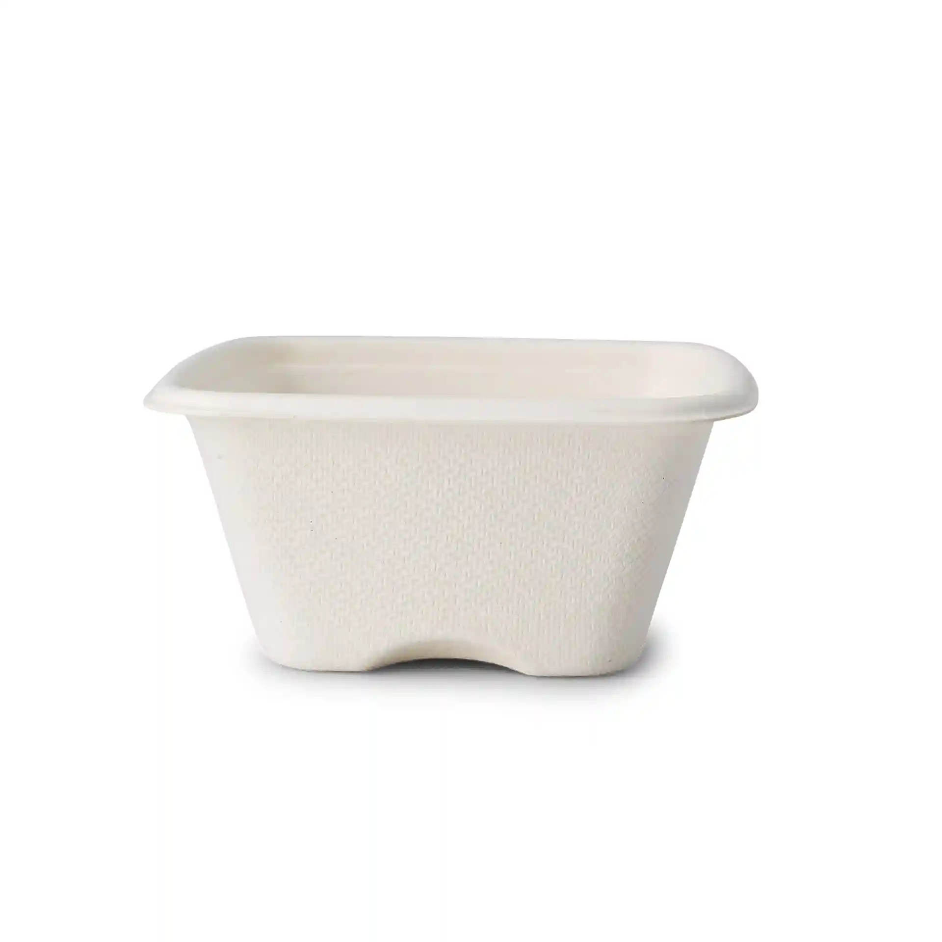 Bicchiere porzione quadrato in bagassa bianco, 100 ml, misura 81 x 81 x 37 mm, con superficie testurizzata.