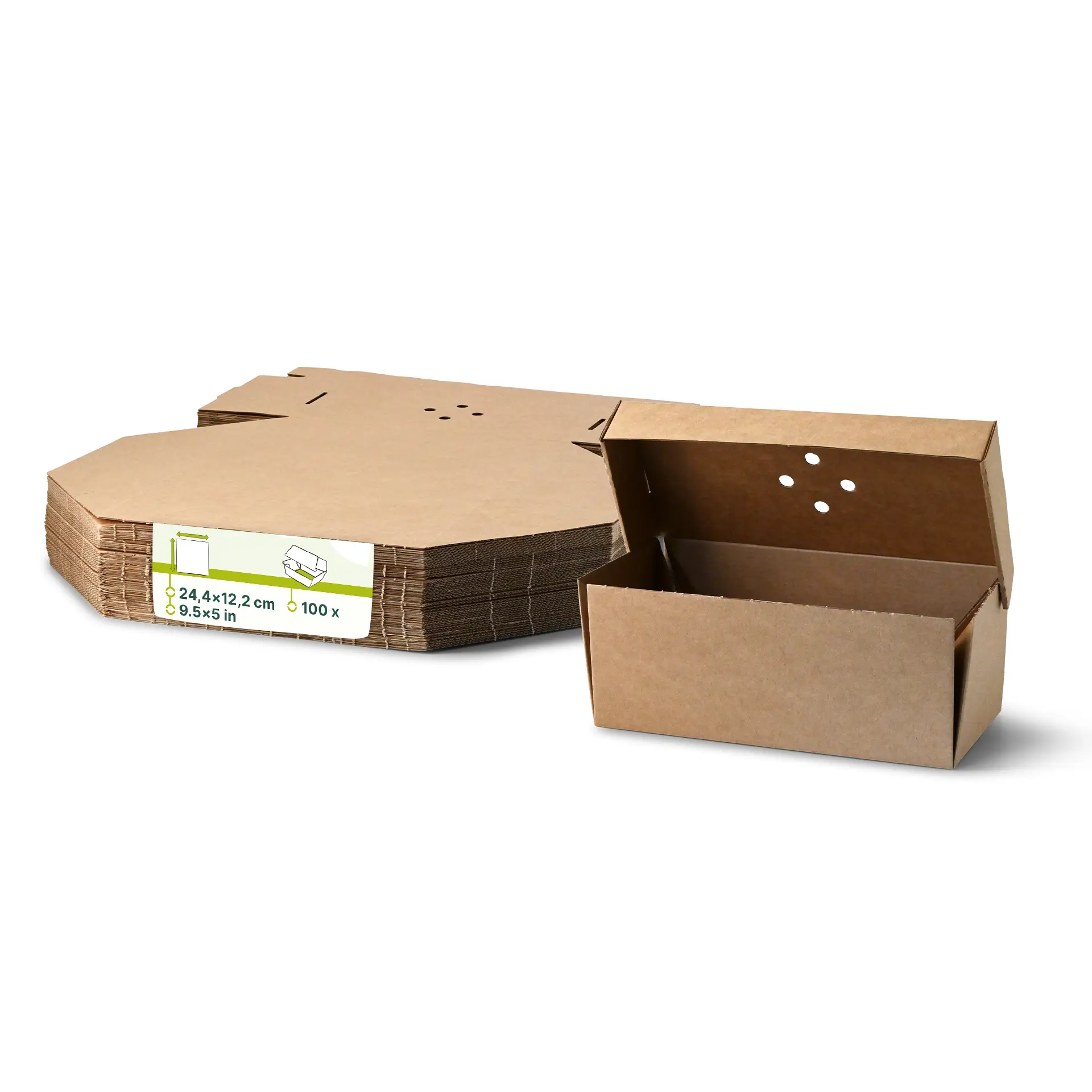 Burgerboxen doppelt 24,4 x 12,2 x 10,2 cm, Kraftkarton, braun, faltbar Burgerboxen doppelt 24,4 x 12,2 x 10,2 cm, Kraftkarton, braun, faltbar