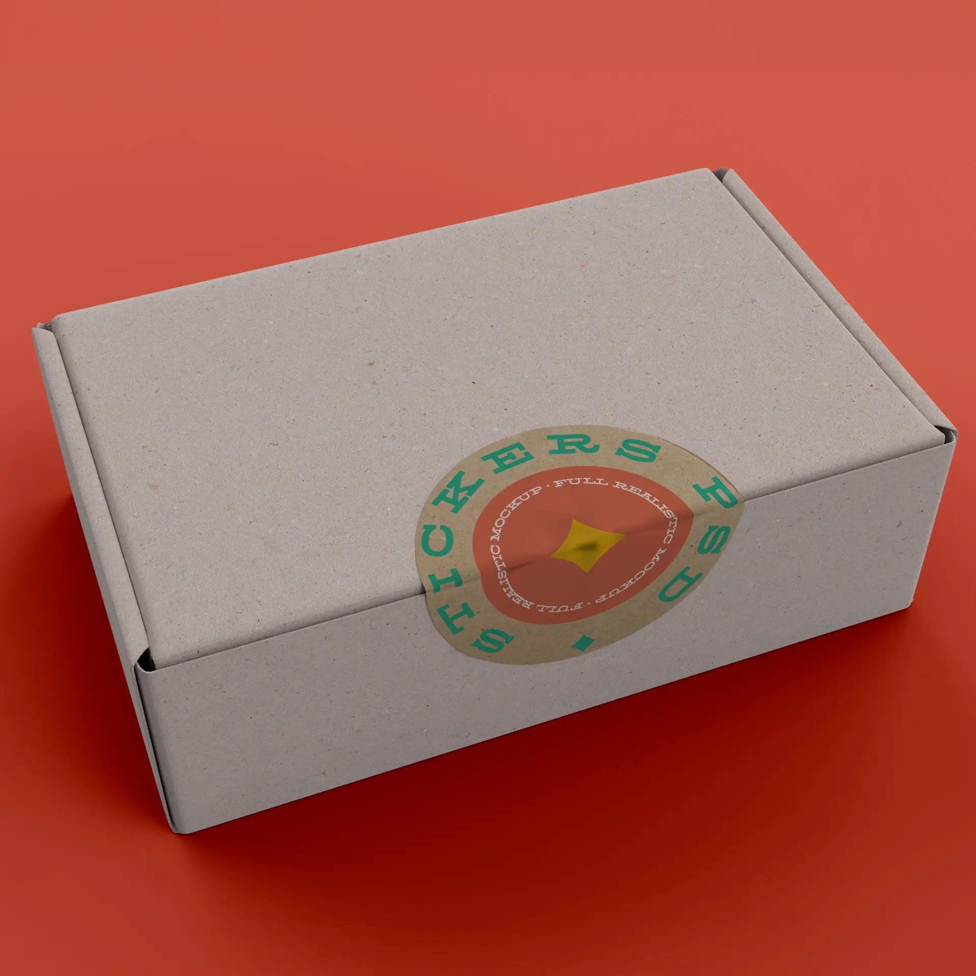 Scatola in carta kraft marrone sigillata con un'etichetta rotonda, con design per etichette personalizzate su rotoli.