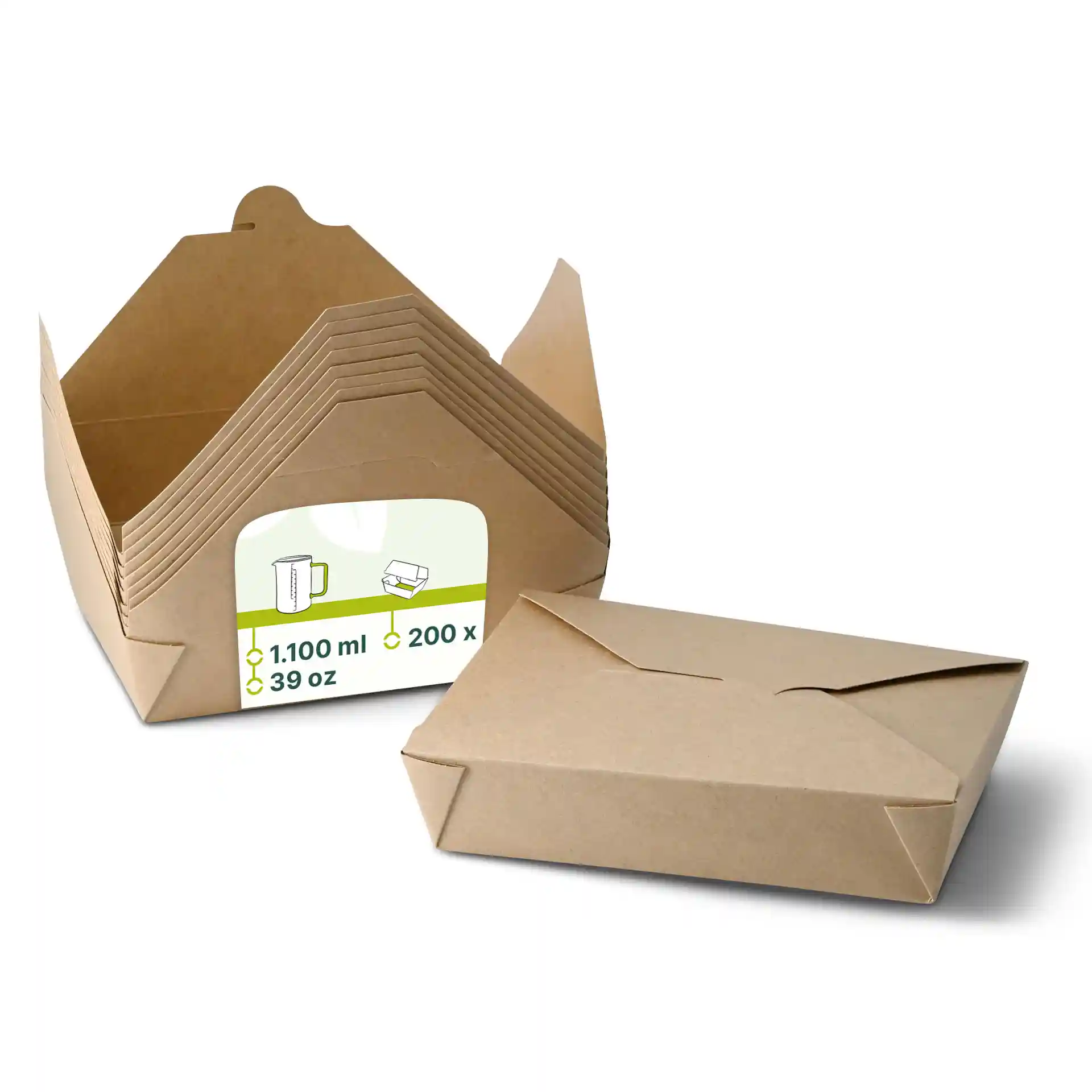 Contenitori da asporto in cartone marrone impilati con un contenitore piatto accanto, con un'etichetta con segni.