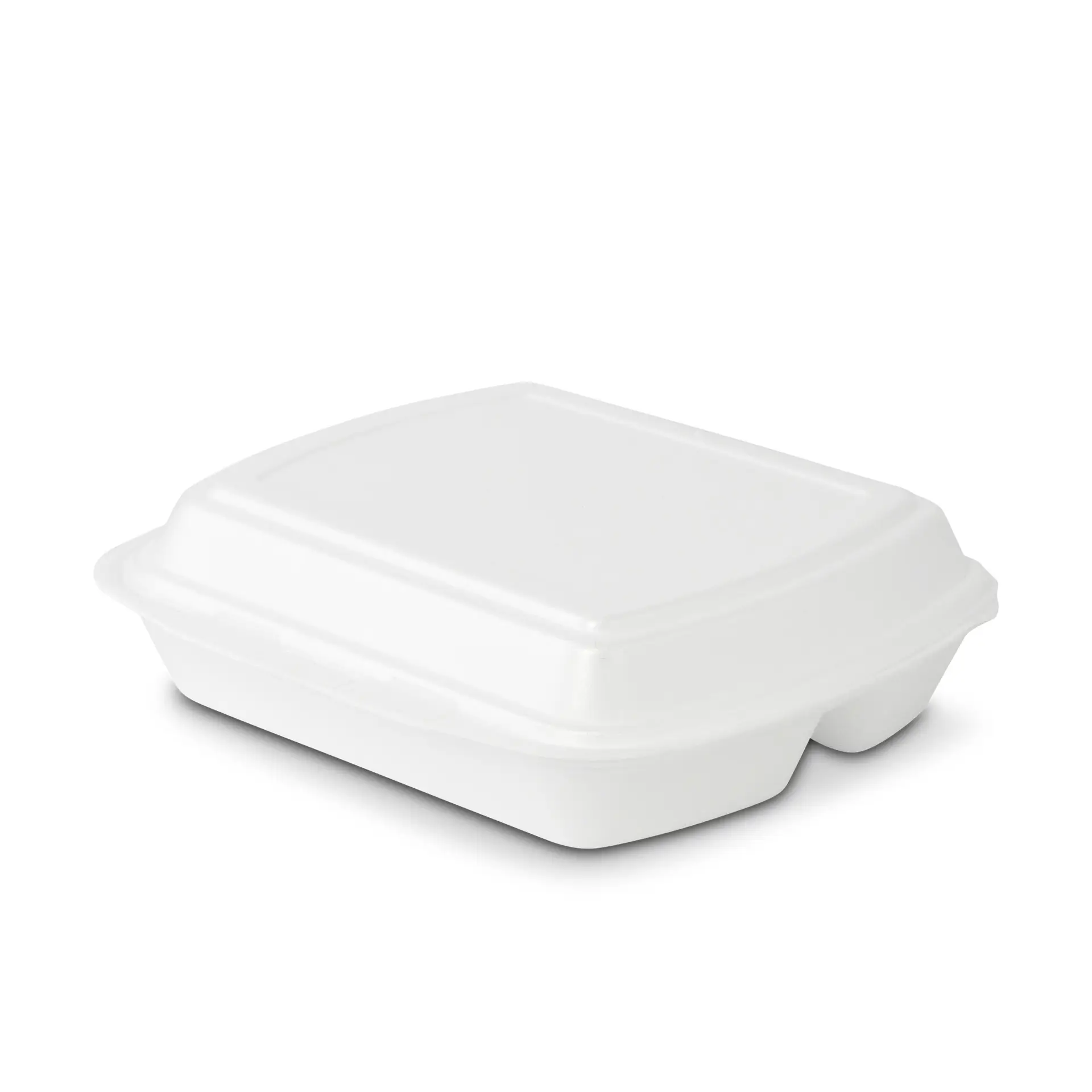 Récipient alimentaire blanc avec couvercle mobile, adapté pour les plats à emporter ou le stockage alimentaire.