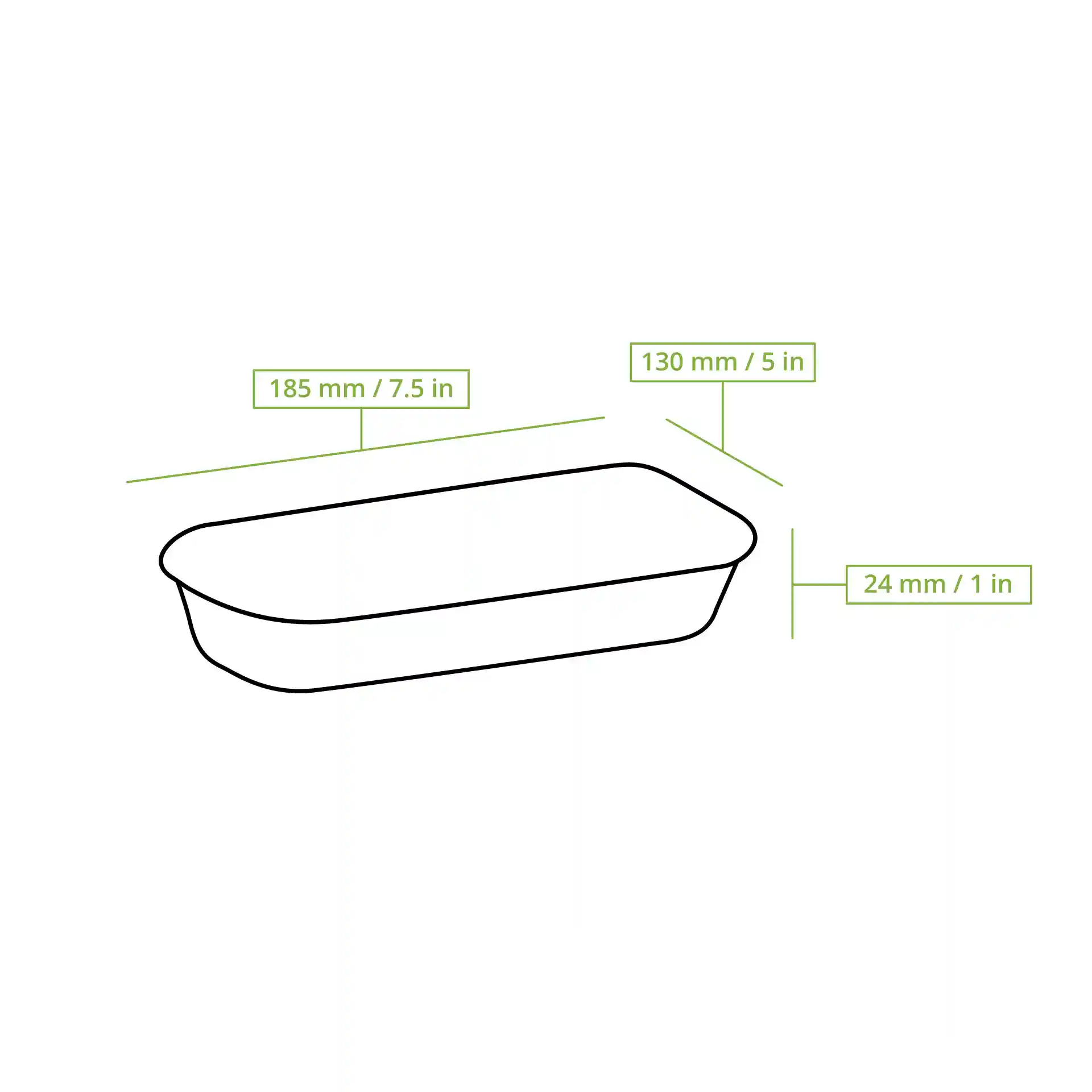Schematische Zeichnung einer rechteckigen Sushi-Box mit Maßen: 185 mm Länge, 130 mm Breite und 24 mm Höhe.