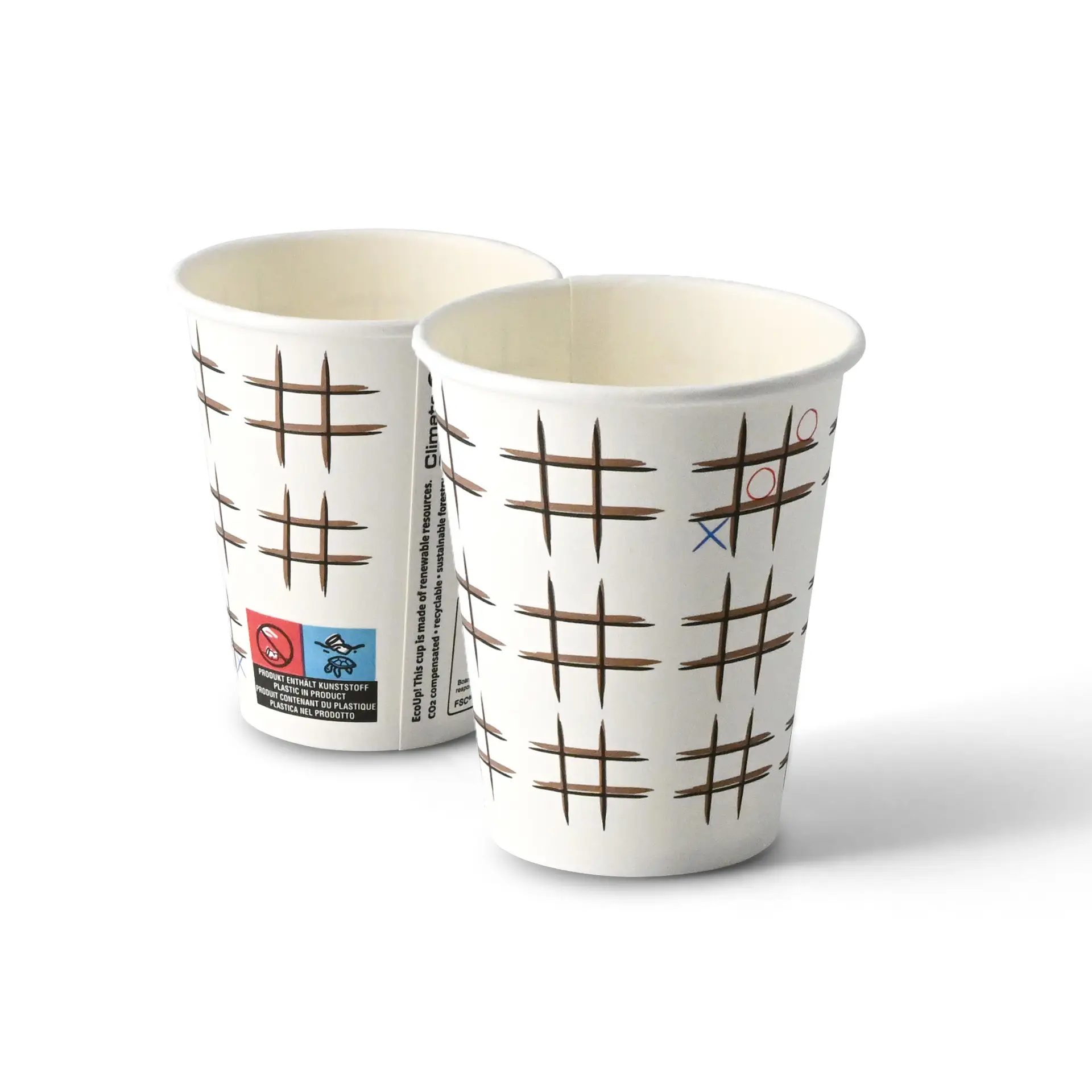 Pappbecher bedruckt "Tic Tac Toe" (beschichtet) 200 ml / 8 oz, Ø 80 mm, weiss