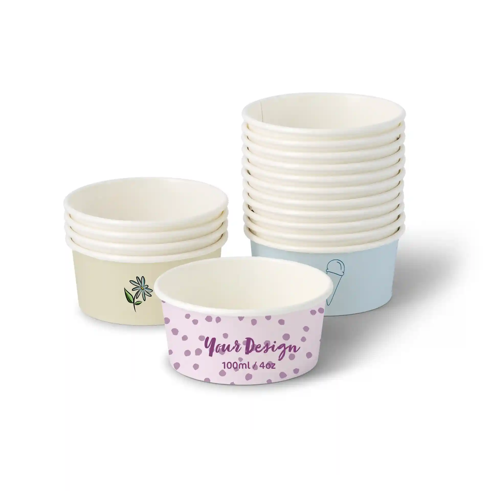 Eisbecher bedrucken (optional mit Deckel), 100 ml / 4 oz, weiss, wasserbasierte Beschichtung
