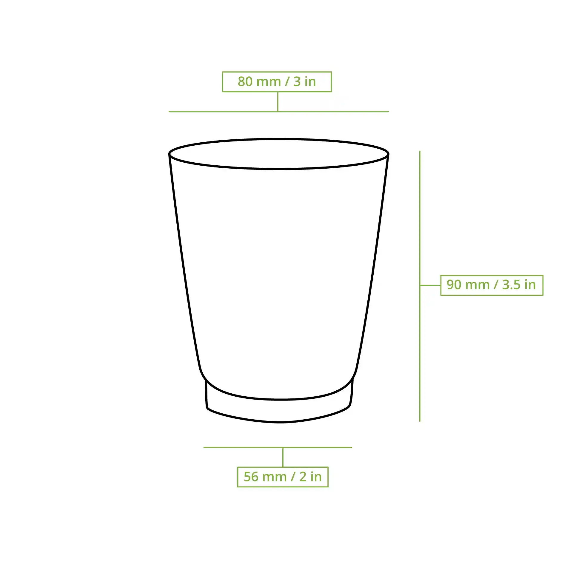 Disegno schematico di un bicchiere con dimensioni: altezza 90 mm, diametro superiore 80 mm, diametro base 56 mm.