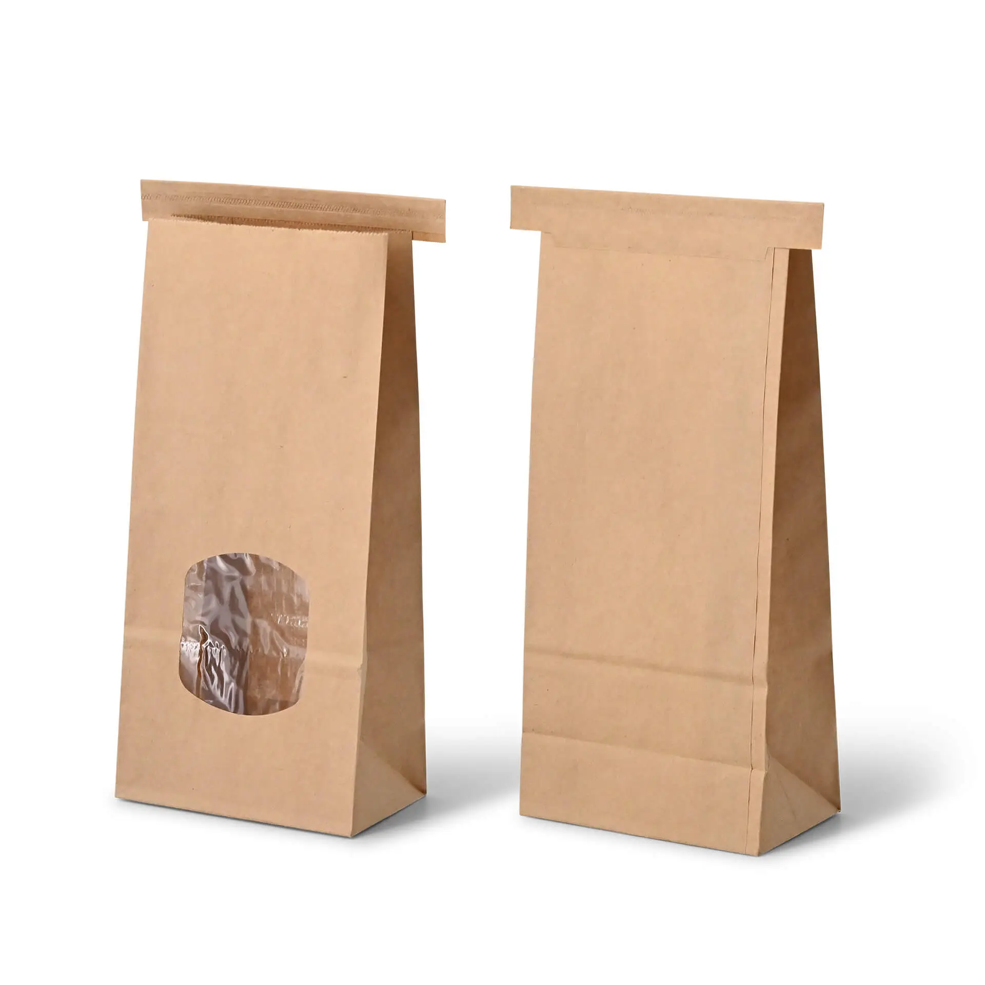 Blockbeutel m. Fenster M, 11,5 x 7 x 24,5 cm, PP-Folie, braun, Clipband, Kraftpapier
