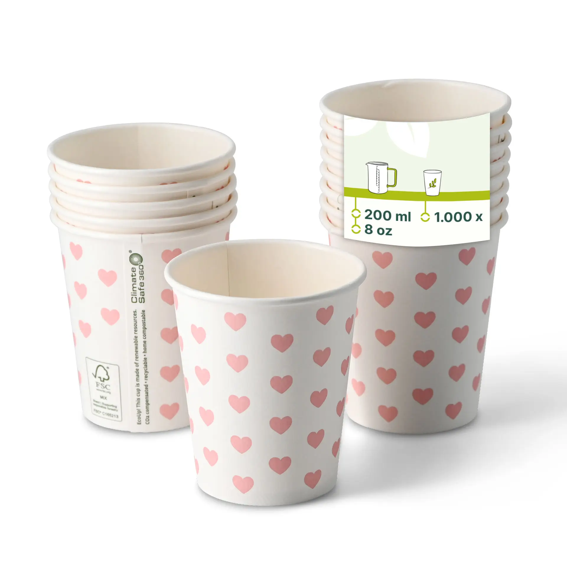 Gobelet en papier imprimé "Hearts" 20 cl / 8 oz, Ø 80 mm, blanc