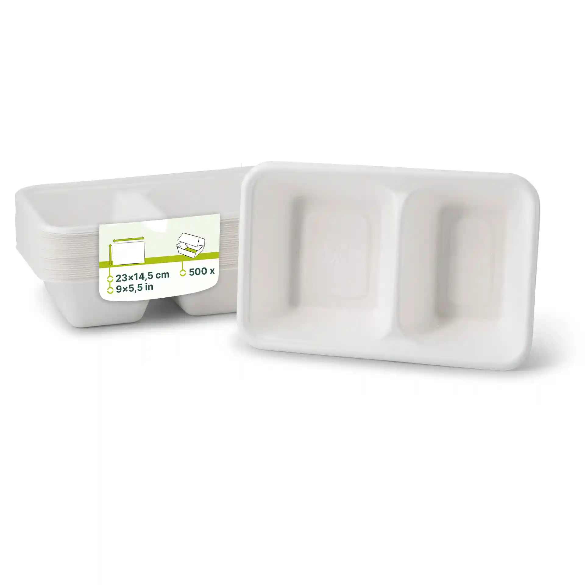 Menüschalen aus Zuckerrohr 1000 ml, 23 x 14,5 x 5 cm, 2 Kammern, rechteckig
