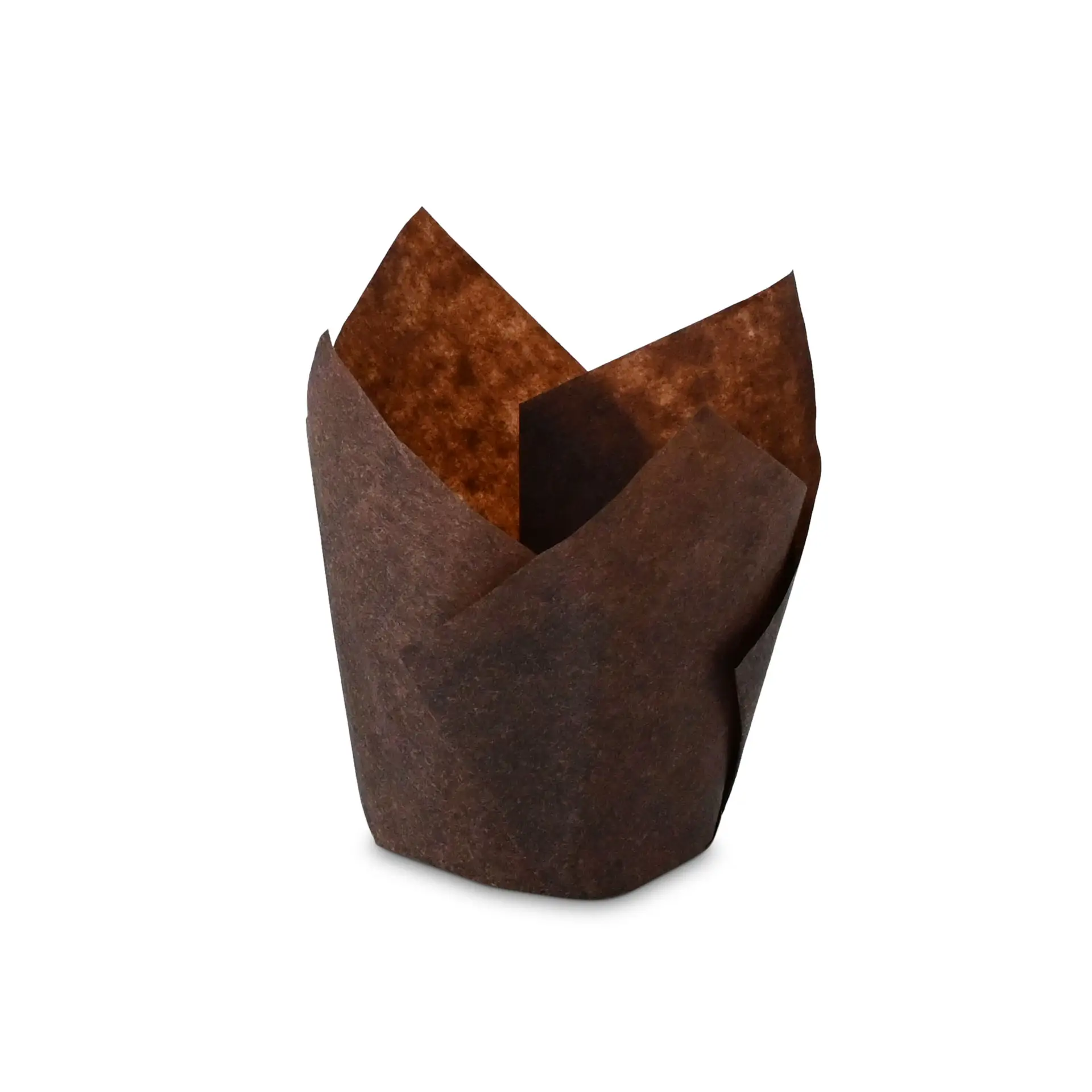 Brauner Papier-Muffinbecher mit einer Höhe von 80 mm und einem Bodendurchmesser von 50 mm.