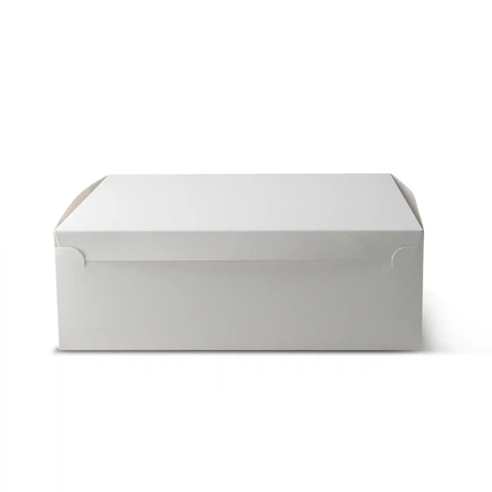 Weiße Kuchenbox mit Deckel, 30,5 x 30,5 x 10 cm, von vorne gezeigt.