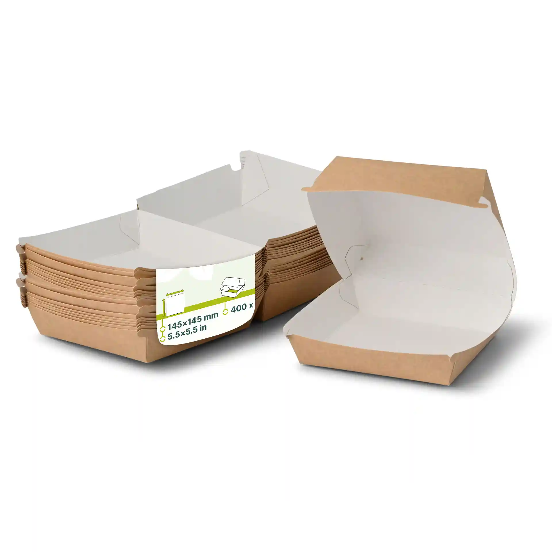 Pila di scatole per hamburger da asporto in cartone marrone con interno bianco, due scatole aperte per mostrare l'interno.