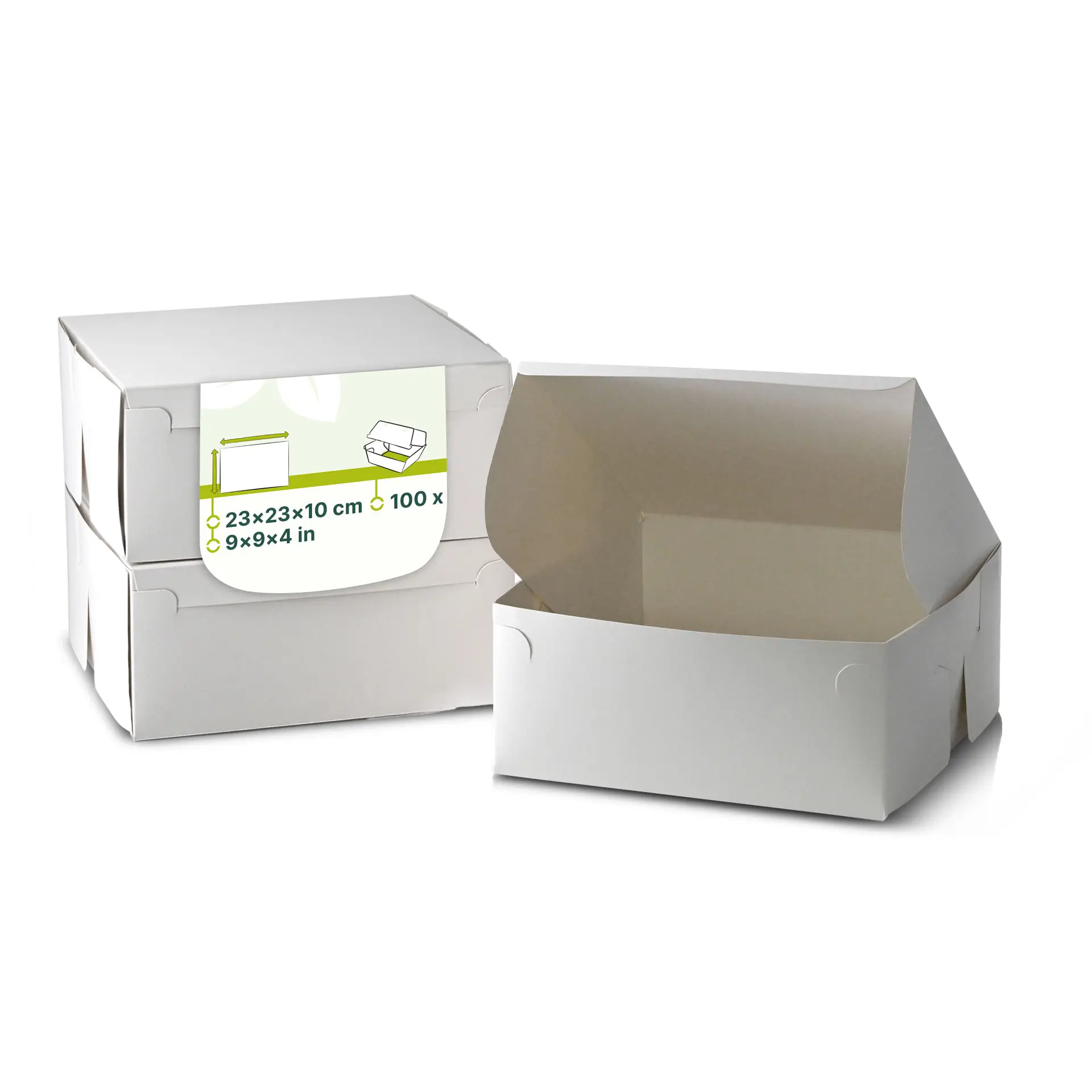 Boîte à gâteau en carton blanc avec couvercle pliant, dimensions 23 x 23 x 10 cm, une boîte ouverte et deux empilées.