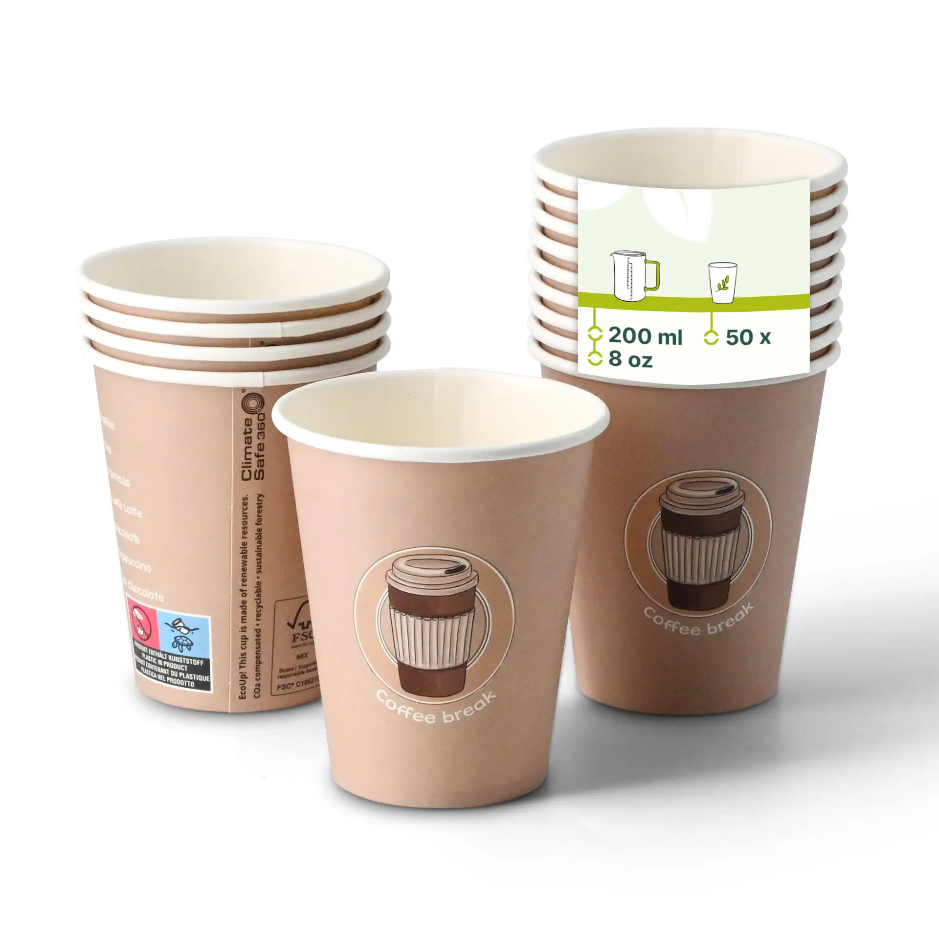 Pappbecher bedruckt "Coffeebreak" (beschichtet) 200 ml / 8 oz, Ø 80 mm, weiss