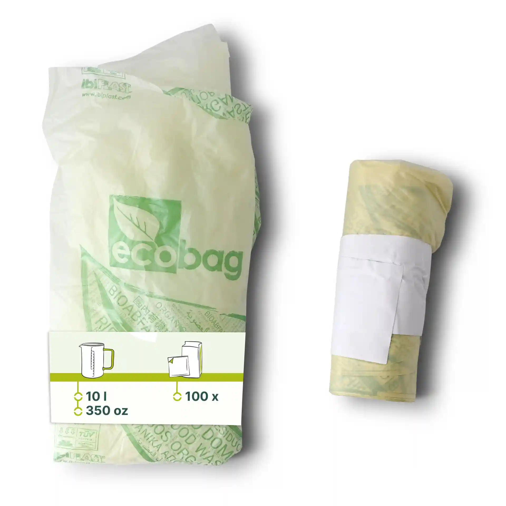 Sacchetti bio trasparenti, 42x42 cm, confezionati con un'etichetta che indica 10 litri e 100 sacchetti.