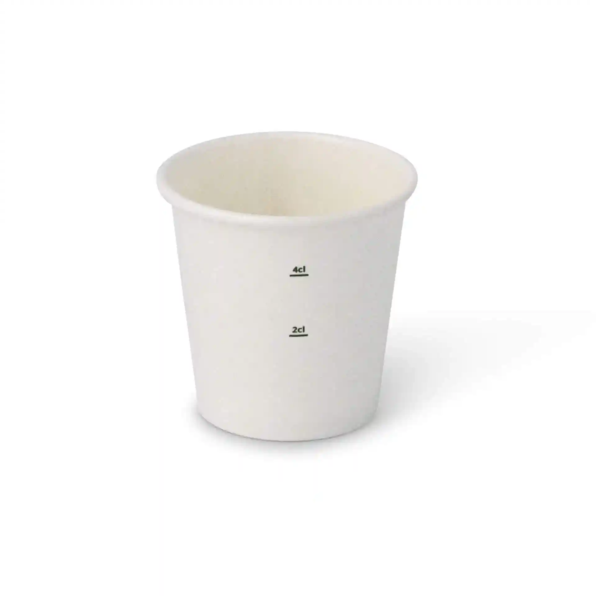 Bicchiere di carta bianco con segni di misura per 2 cl e 4 cl, forma rotonda.