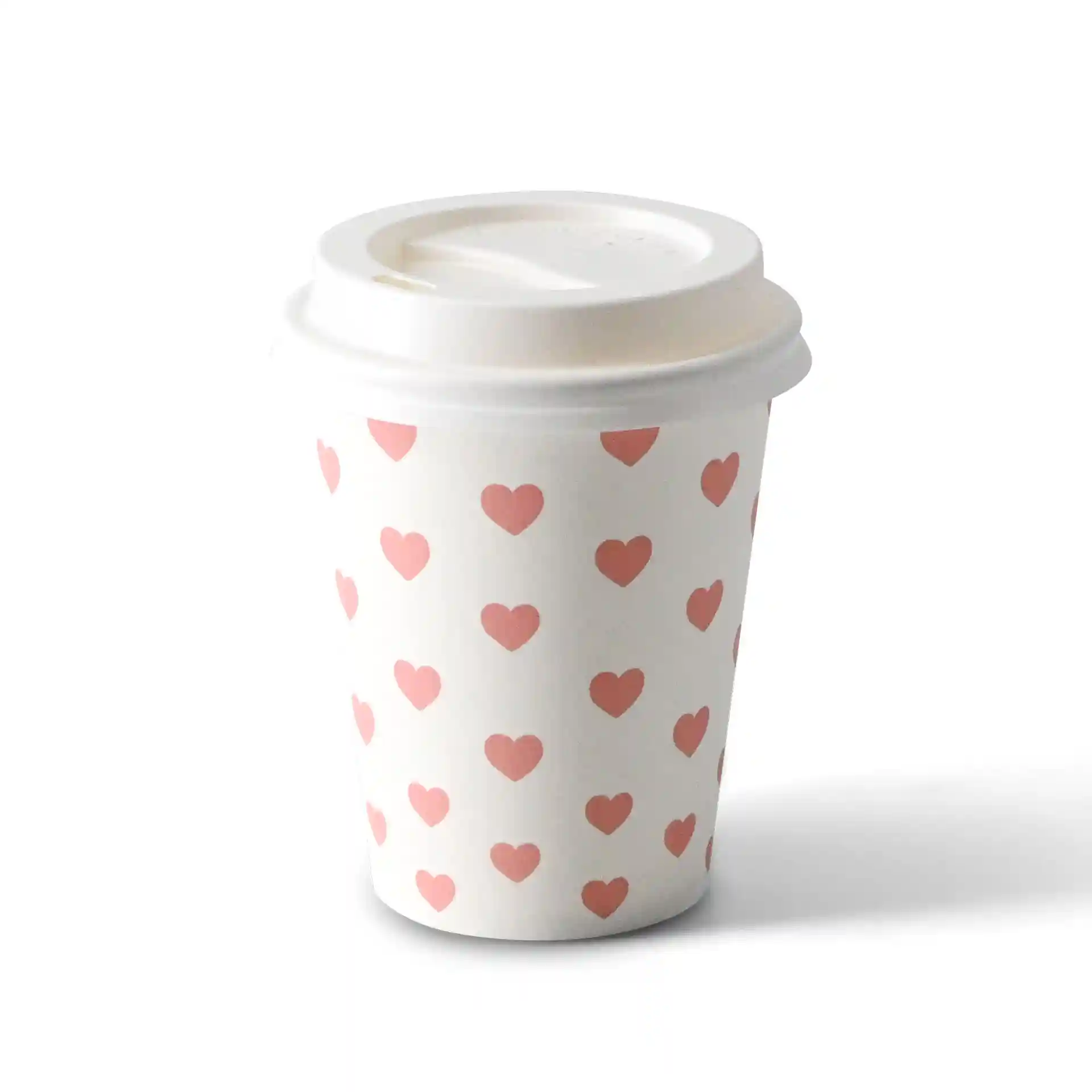 Bicchiere bianco con motivi a cuore rosa, capacità di 8 oz, forma rotonda, con coperchio.