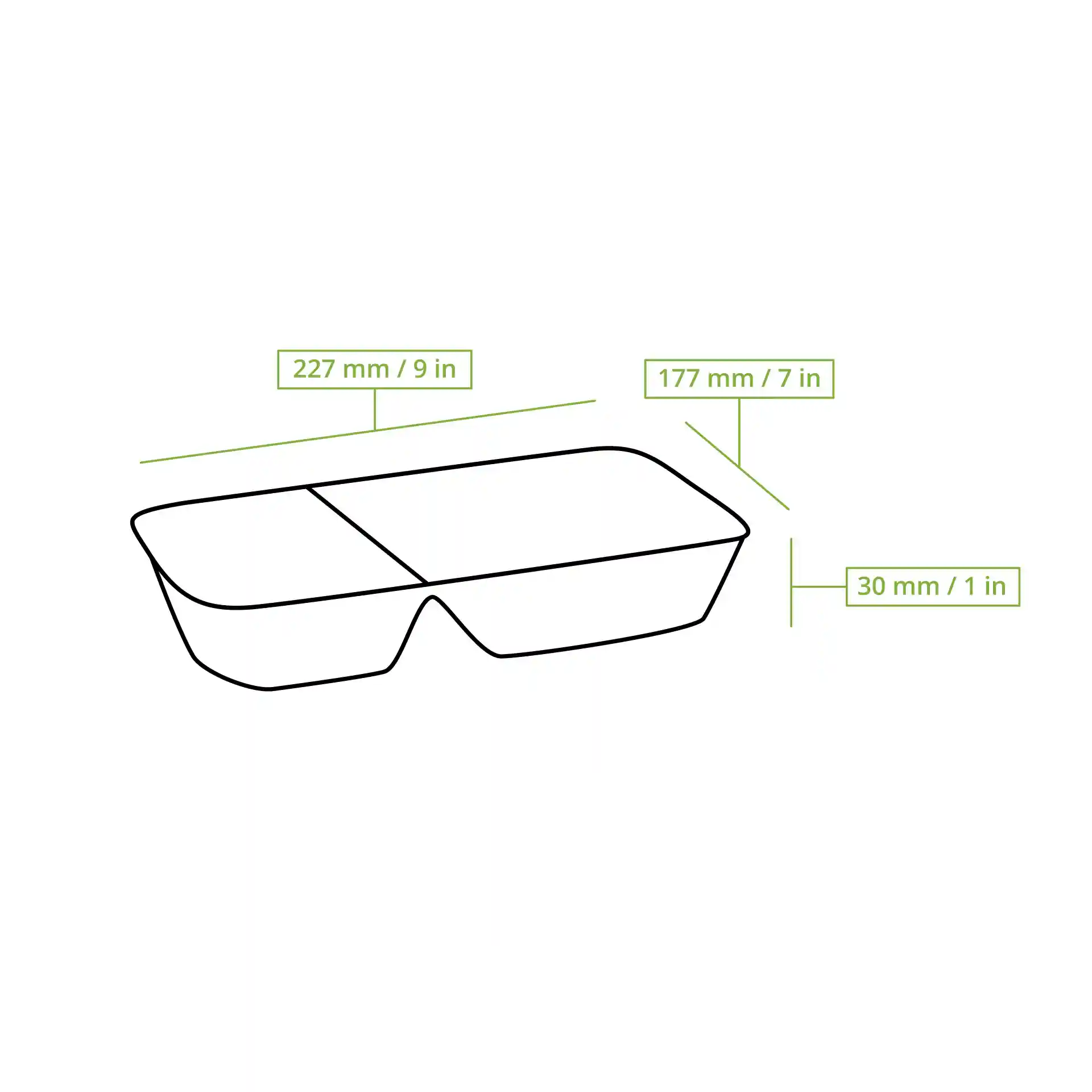 Disegno schematico di un vassoio per pasti in alluminio rettangolare con due scomparti, dimensioni 227 mm x 177 mm x 30 mm.