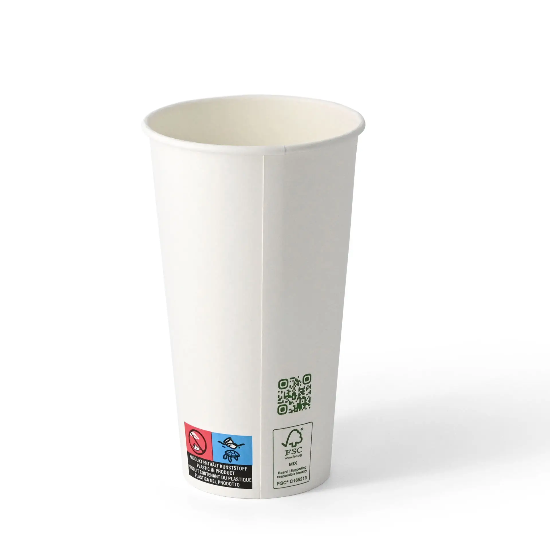 Gobelet en papier blanc simple paroi avec revêtement en PLA, adapté aux boissons chaudes et froides, avec un code QR imprimé sur le côté.
