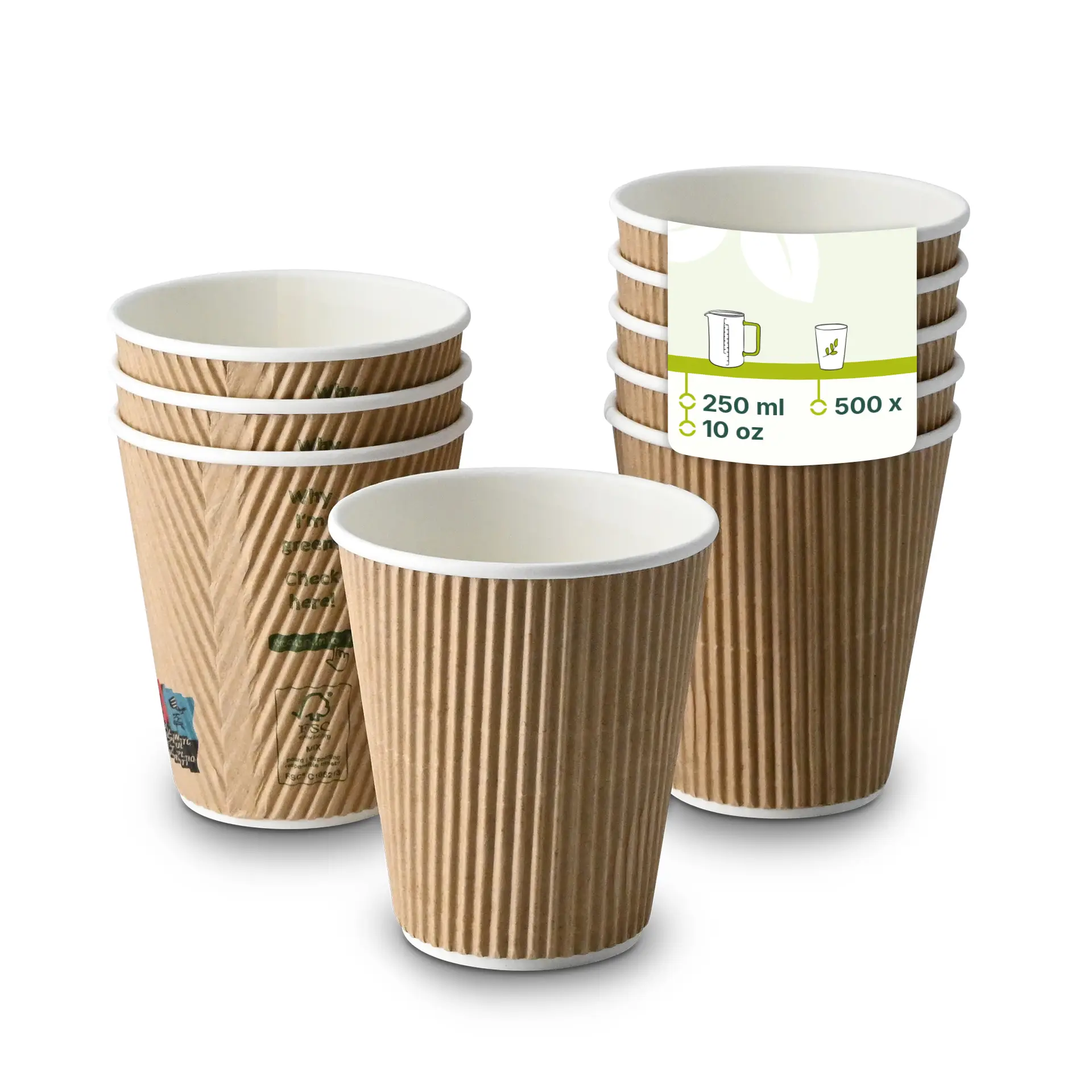 Une tasse à café brune striée avec un intérieur blanc ; plusieurs tasses similaires empilées derrière. Design biodégradable à triple paroi.
