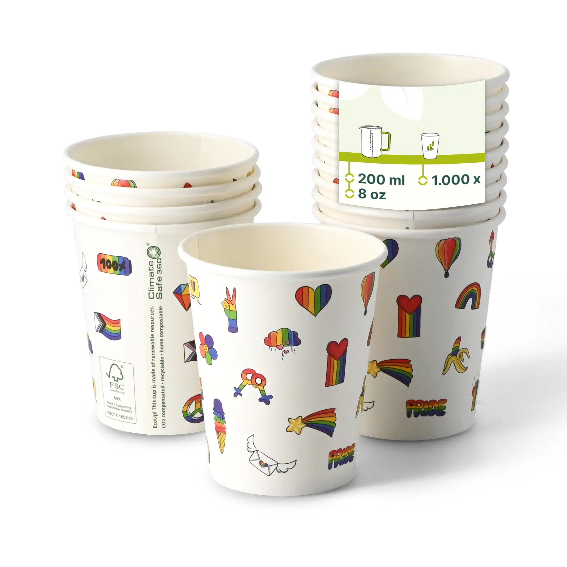 Gobelet en carton imprimé "Pride" 200 ml / 8 oz, Ø 80 mm, blanc