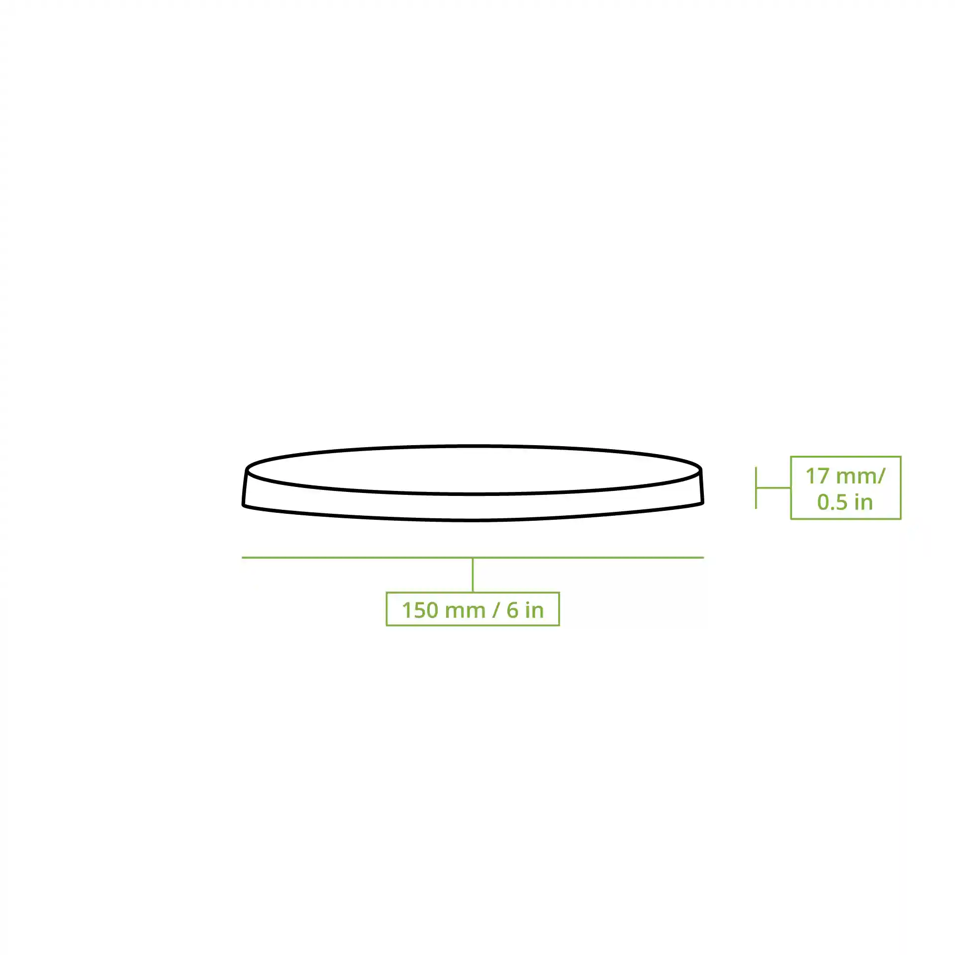 Disegno schematico di un coperchio in membrana di cartone rotondo con dimensioni di 150 mm di diametro e 17 mm di altezza.