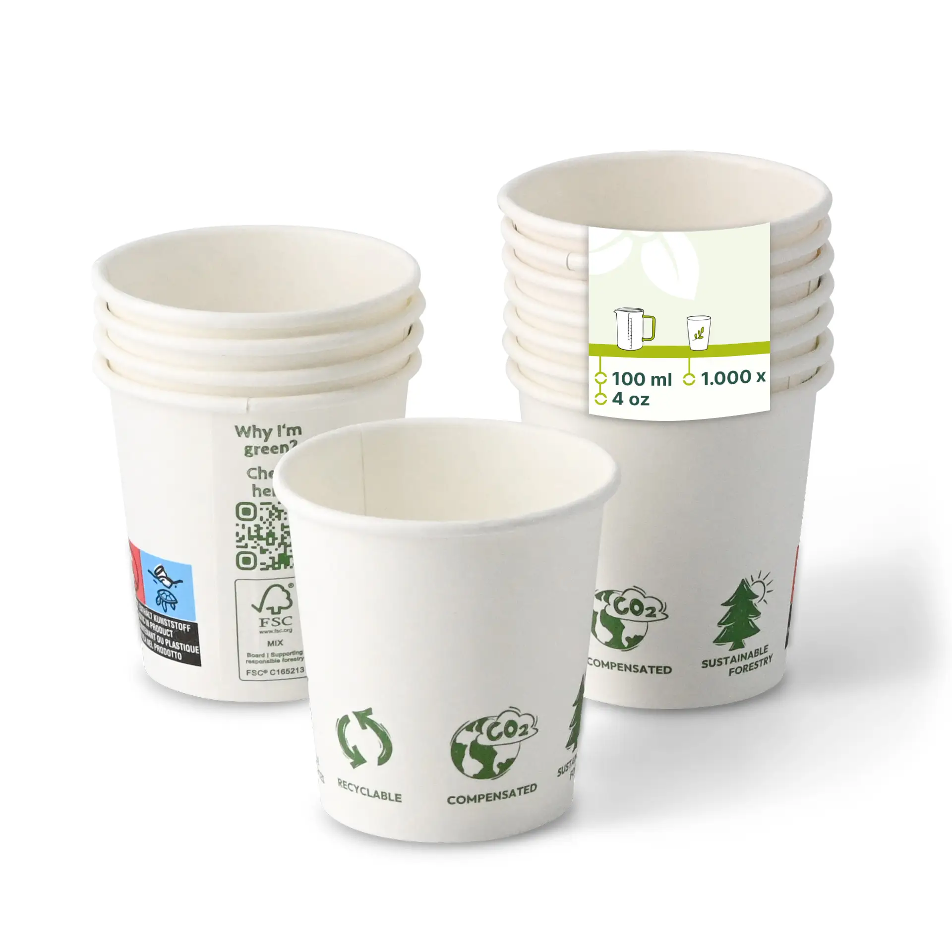 Pappbecher 100 ml / 4 oz, Ø 62 mm, "EcoUp©"- Icons, einwandig, weiss, PLA-beschichtet